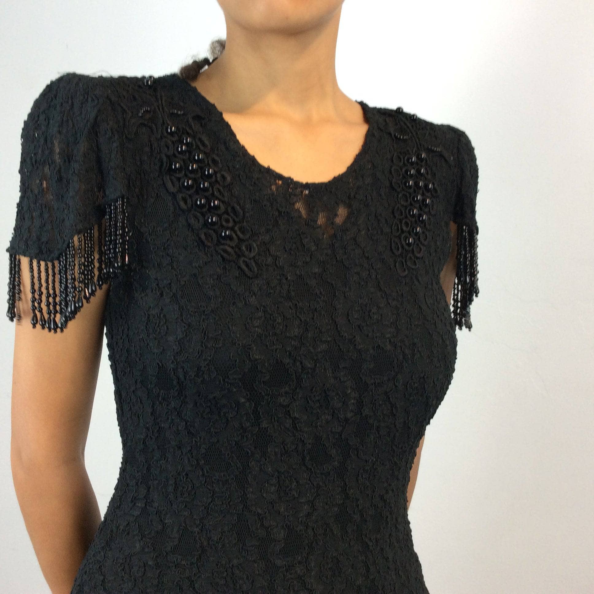 1980s Short sleeves Black Lace with Beaded Fringe Midi Dress S/M - Image 2