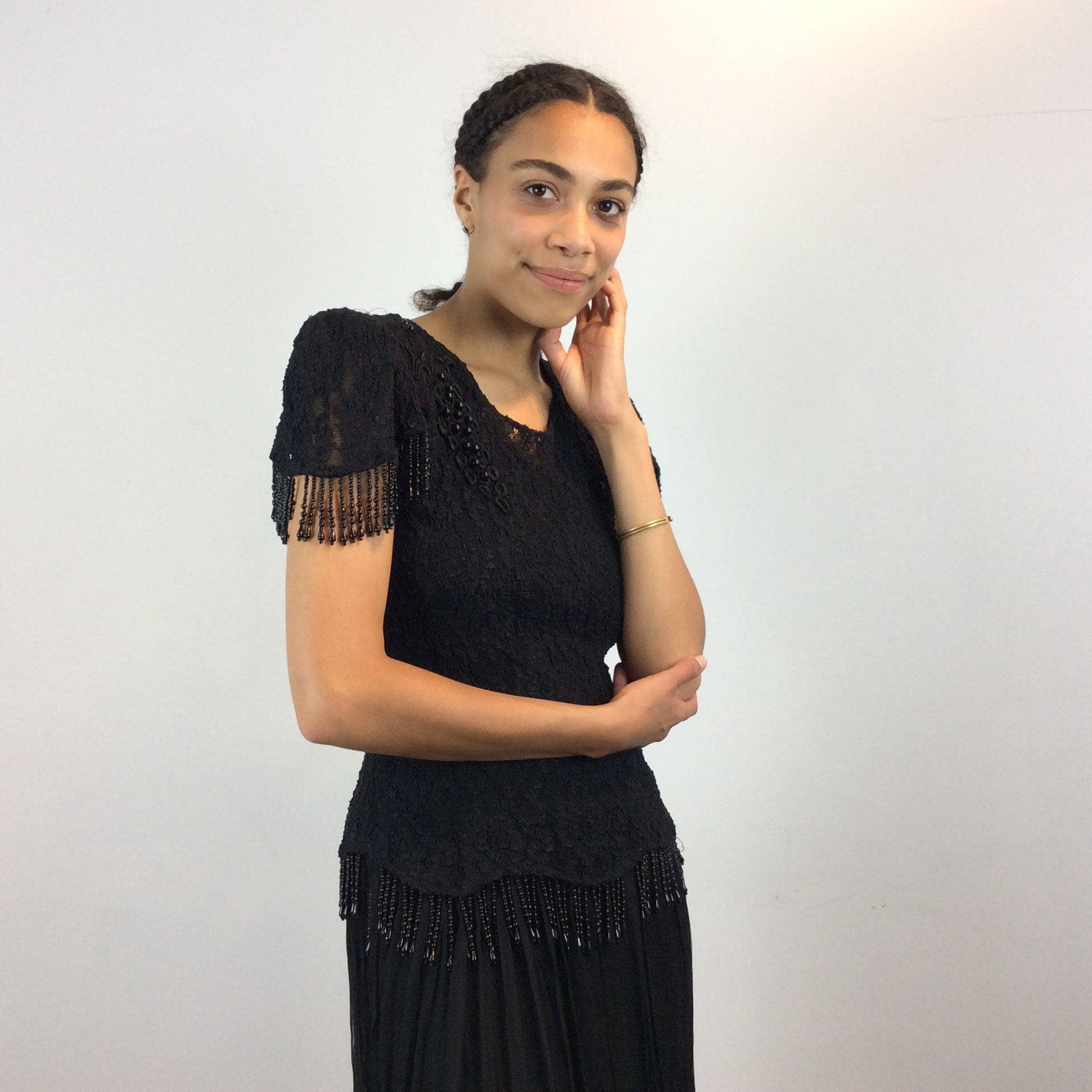 1980s Short sleeves Black Lace with Beaded Fringe Midi Dress S/M - Image 3