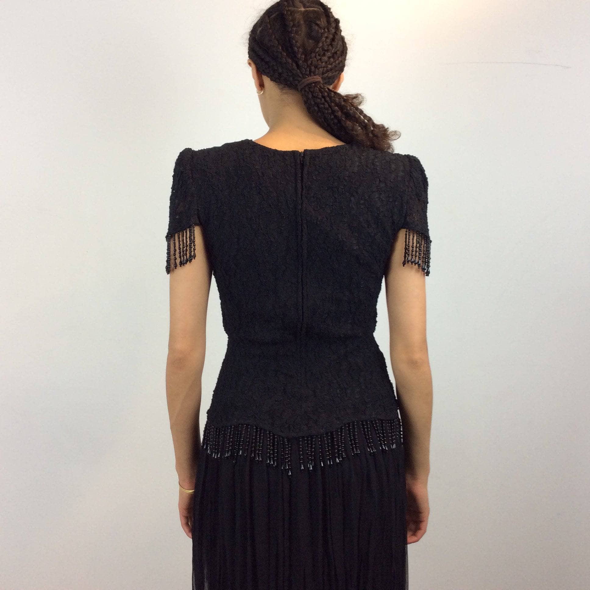 1980s Short sleeves Black Lace with Beaded Fringe Midi Dress S/M - Image 6