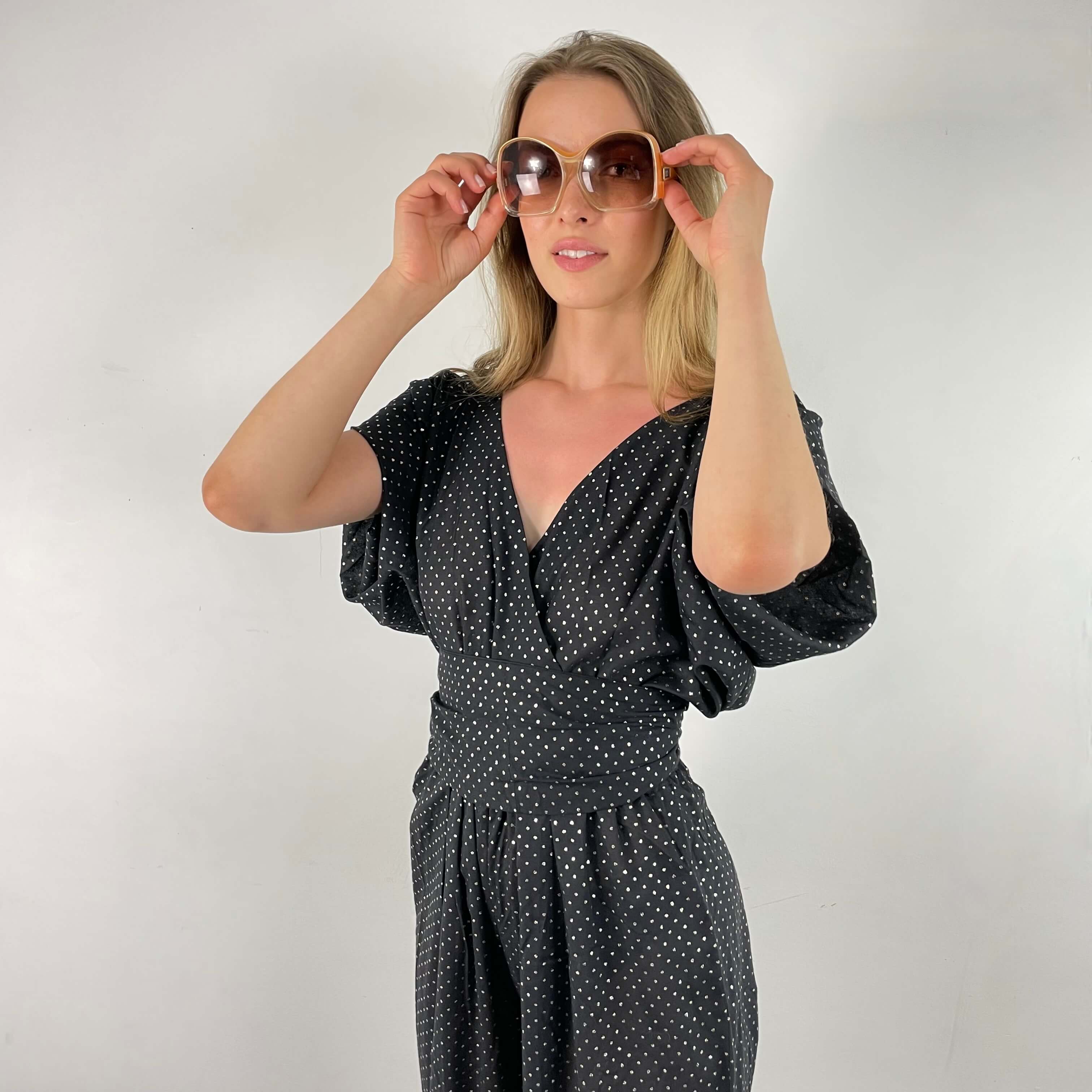 1980s Silver Dotted Black Jumpsuit Small-Medium - Image 3