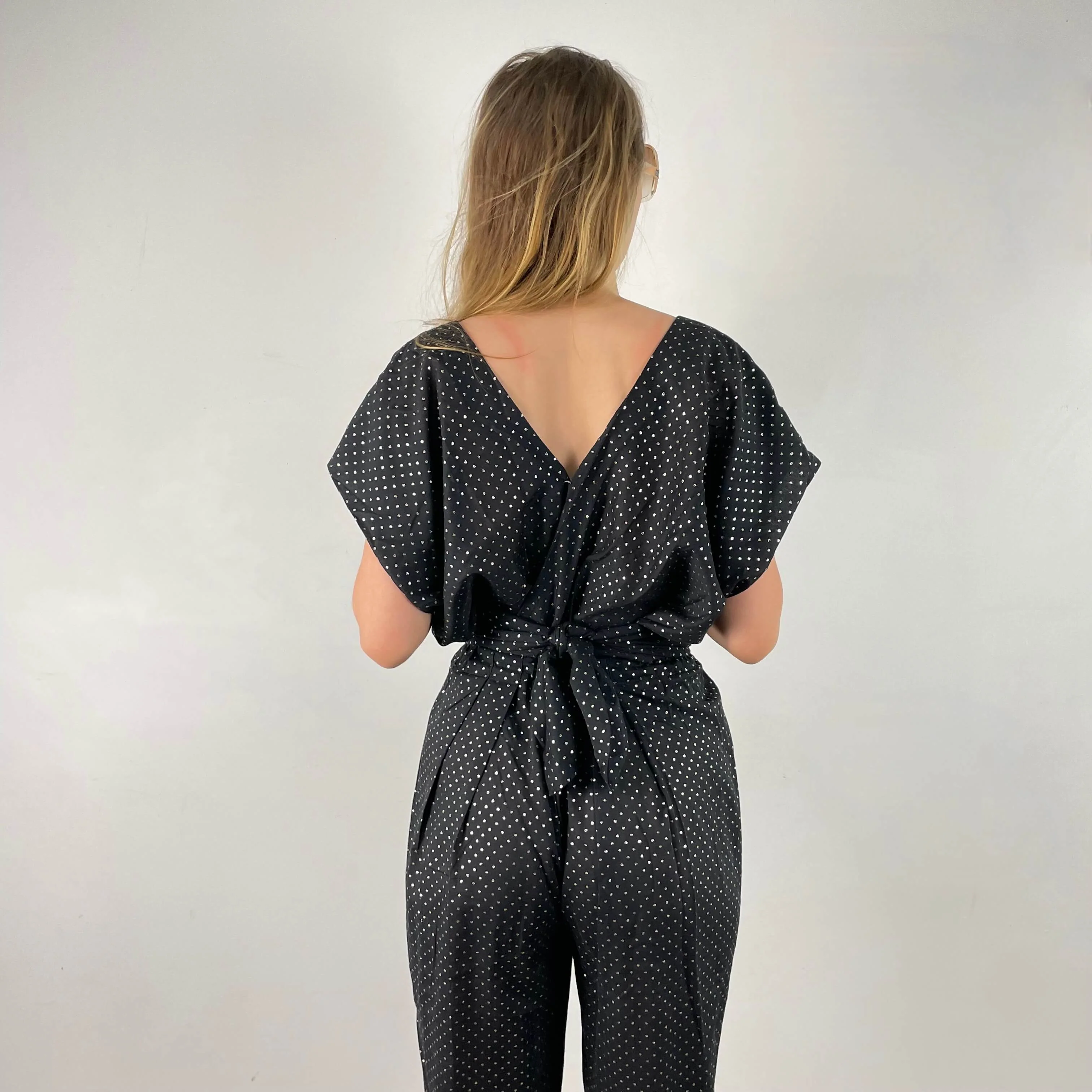 1980s Silver Dotted Black Jumpsuit Small-Medium - Image 4