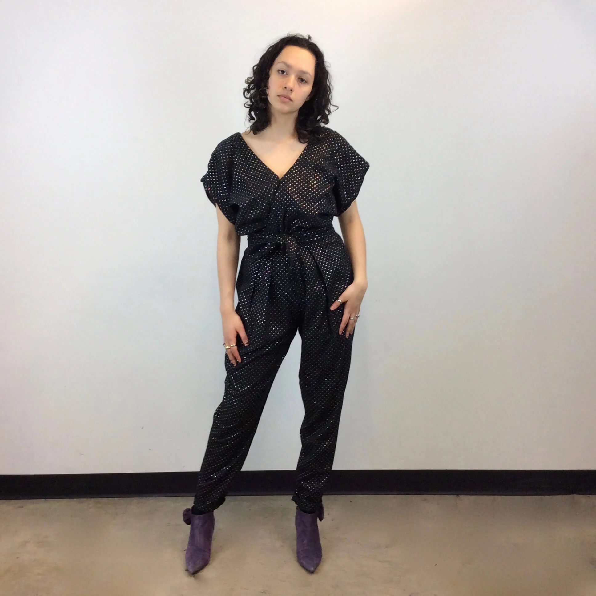 1980s Silver Dotted Black Jumpsuit Small-Medium - Image 6