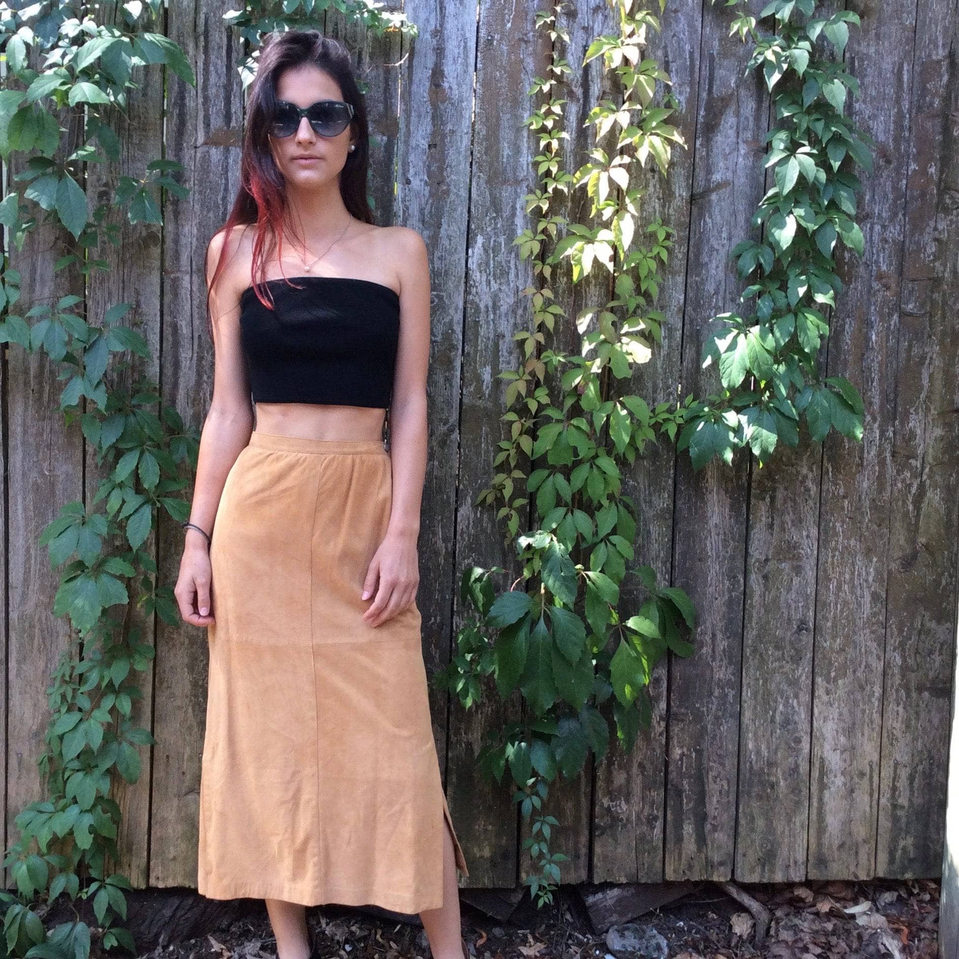 1980s Straight Cut Midi length Caramel Suede Skirt Extra-small - Image 3