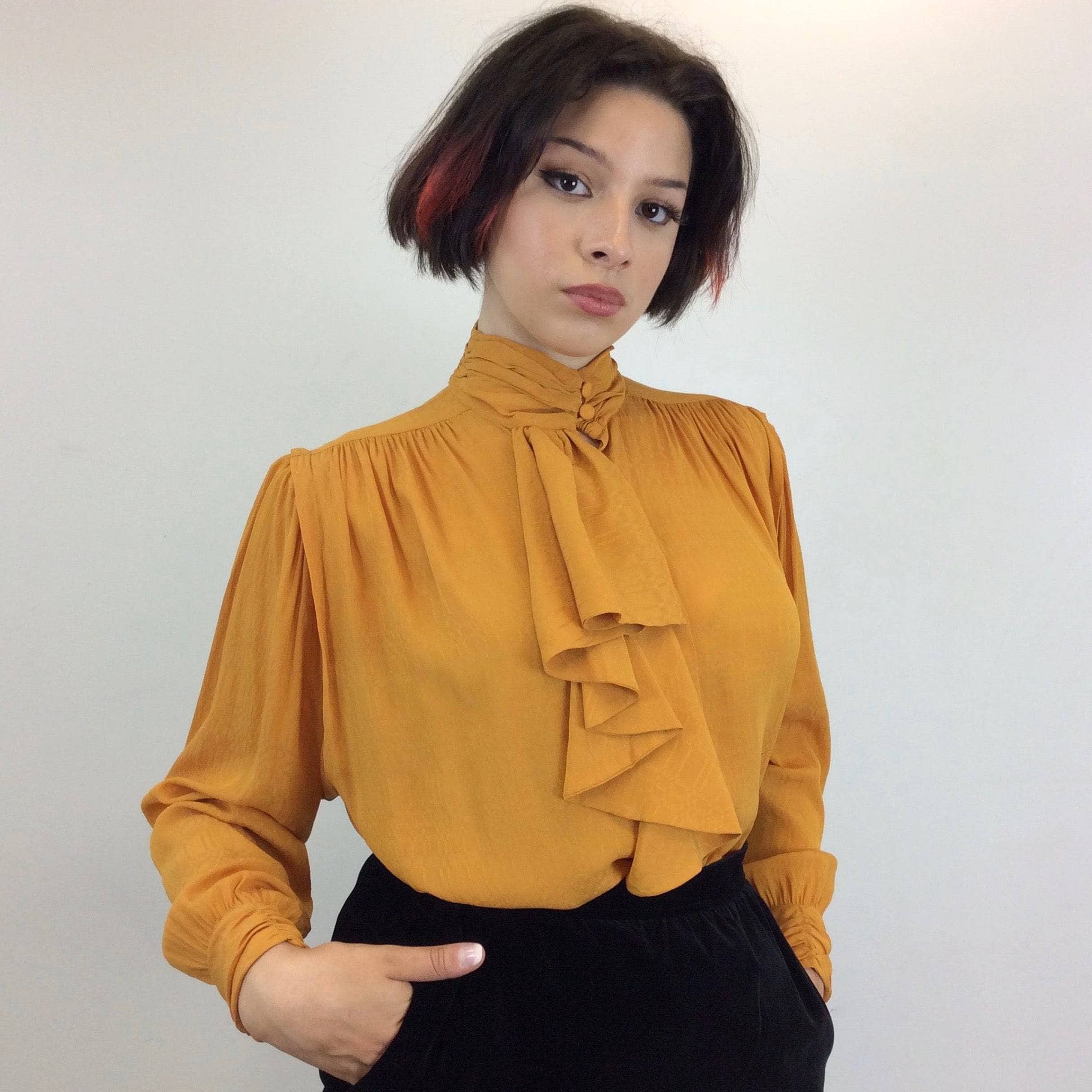 1980s Ted Lapidus Saffron Brocade Jabot Blouse Medium-Large