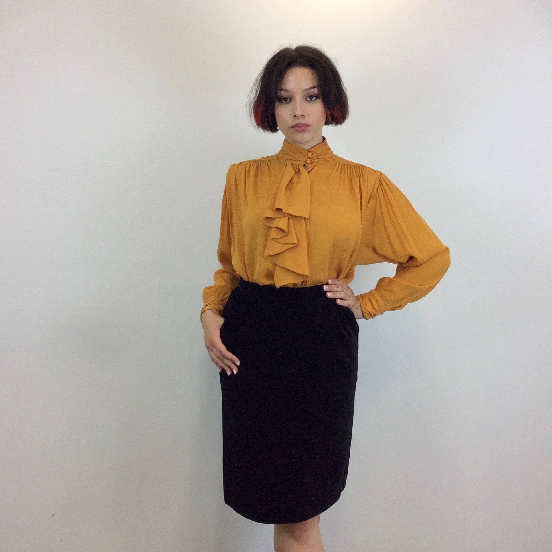 1980s Ted Lapidus Saffron Brocade Jabot Blouse Medium-Large - Image 2