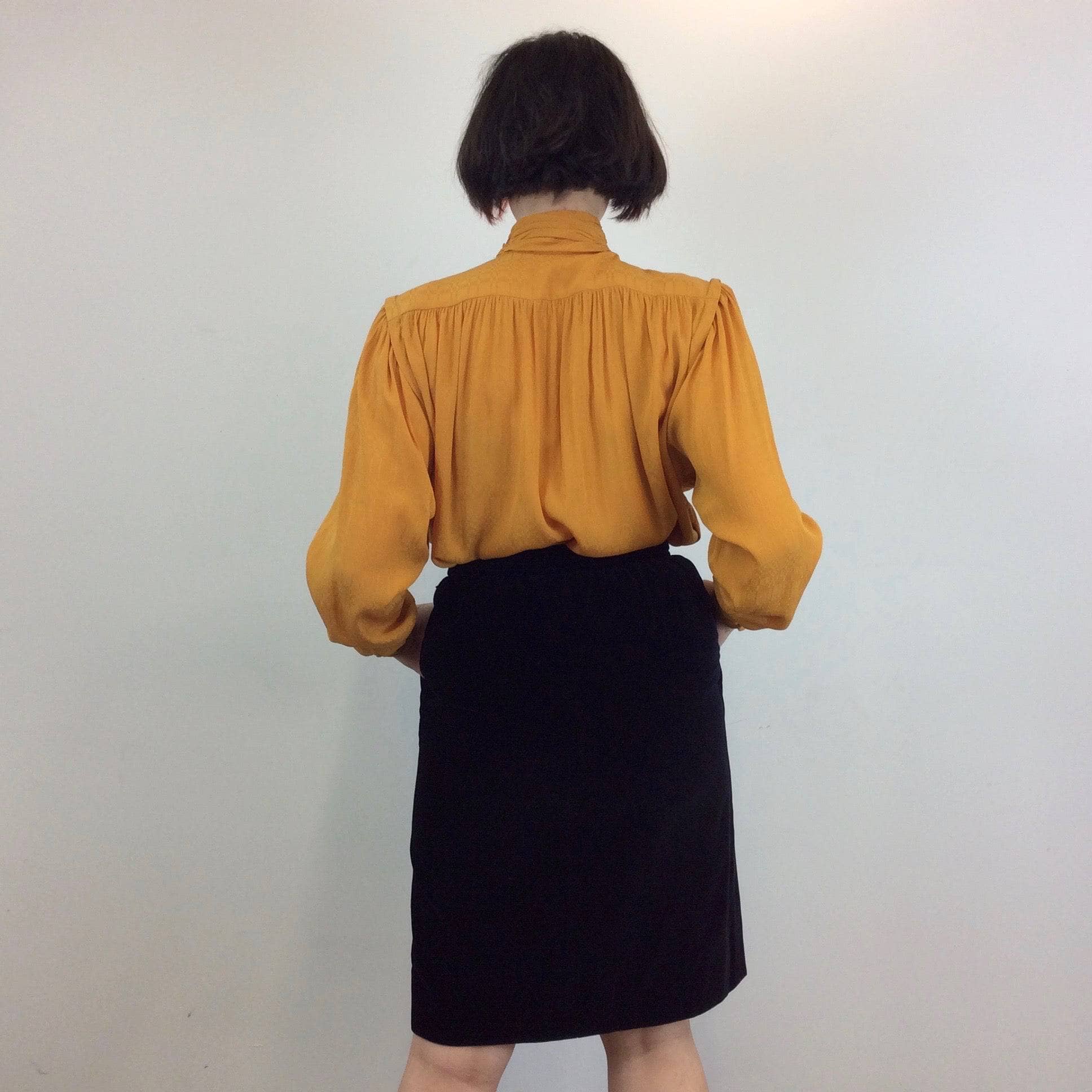 1980s Ted Lapidus Saffron Brocade Jabot Blouse Medium-Large - Image 3