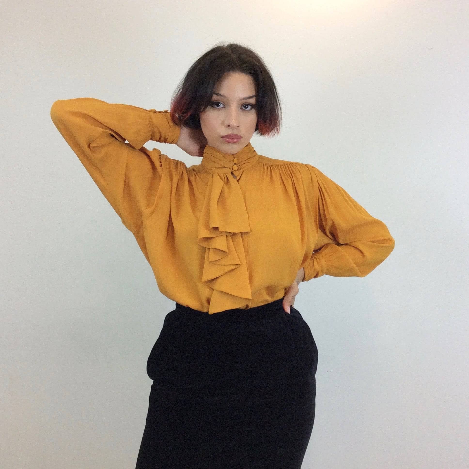 1980s Ted Lapidus Saffron Brocade Jabot Blouse Medium-Large - Image 4