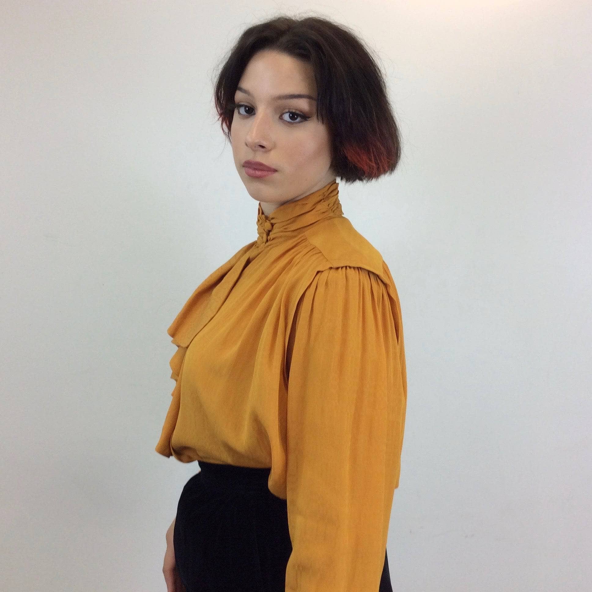 1980s Ted Lapidus Saffron Brocade Jabot Blouse Medium-Large - Image 5