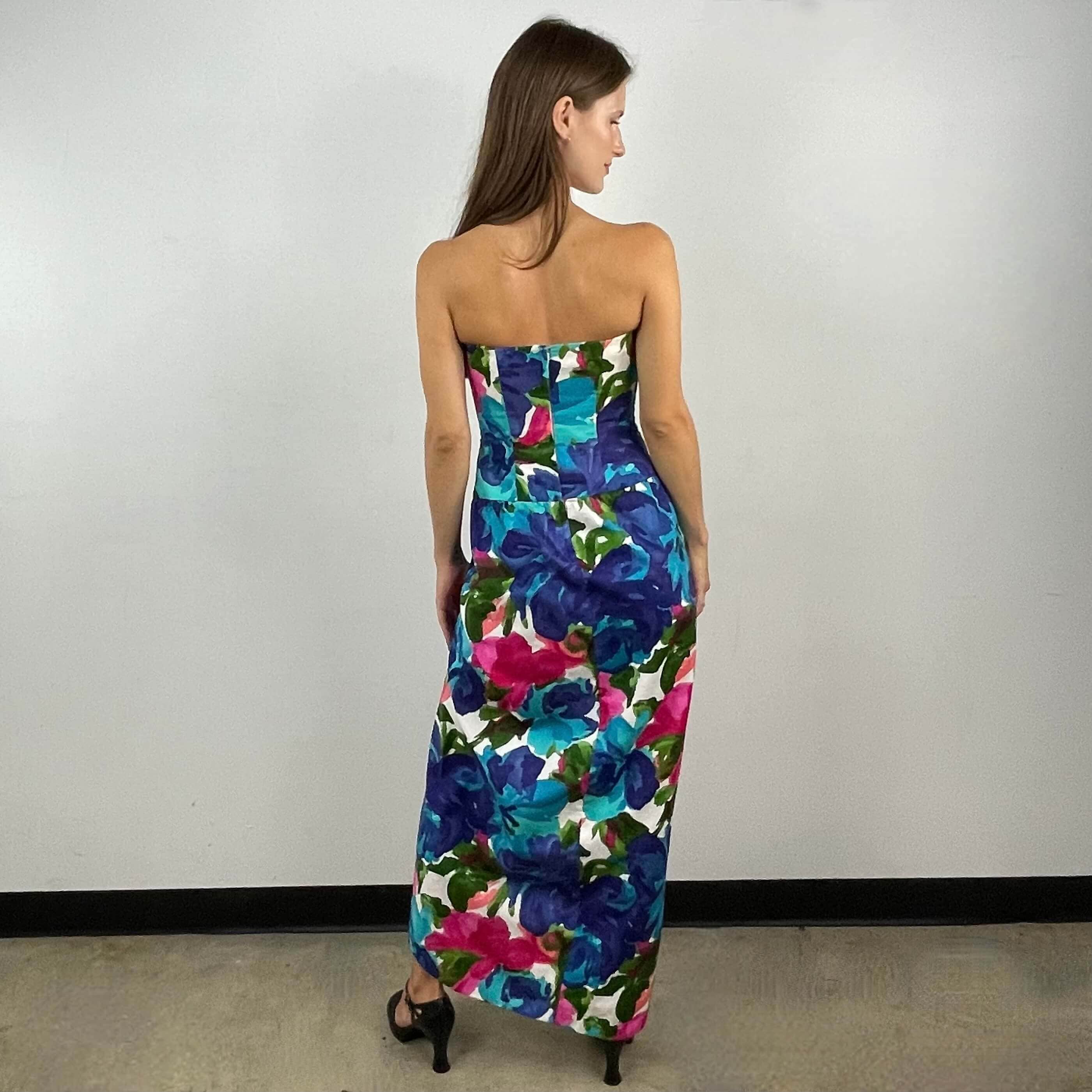 1980s Victor Costa Strapless Draped Maxi Dress Small - Image 2