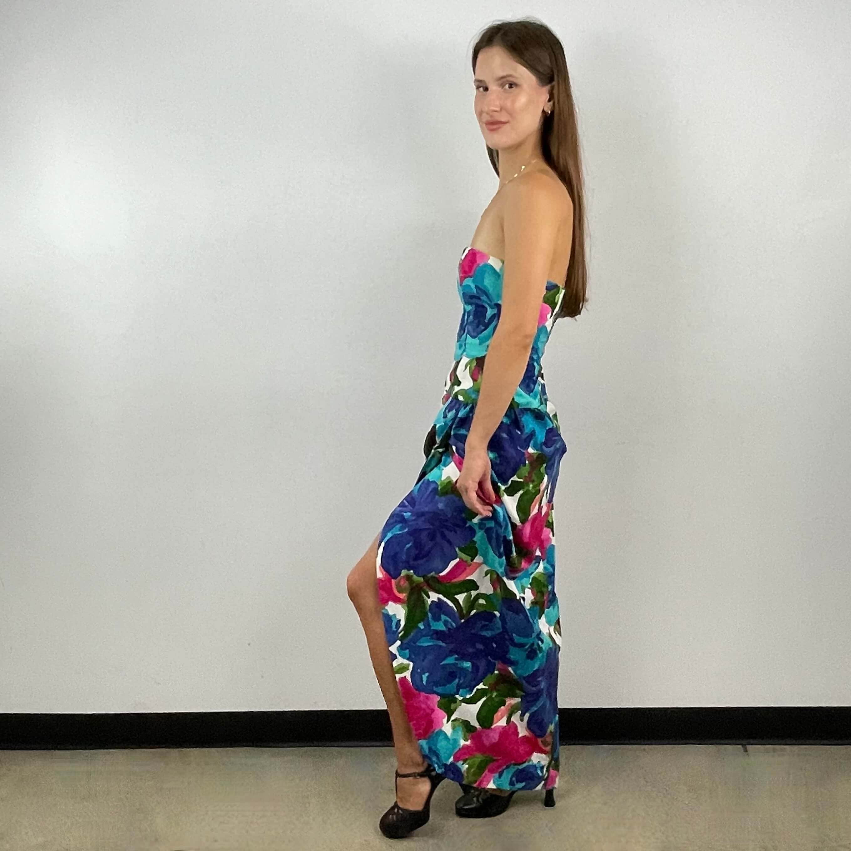 1980s Victor Costa Strapless Draped Maxi Dress Small - Image 3