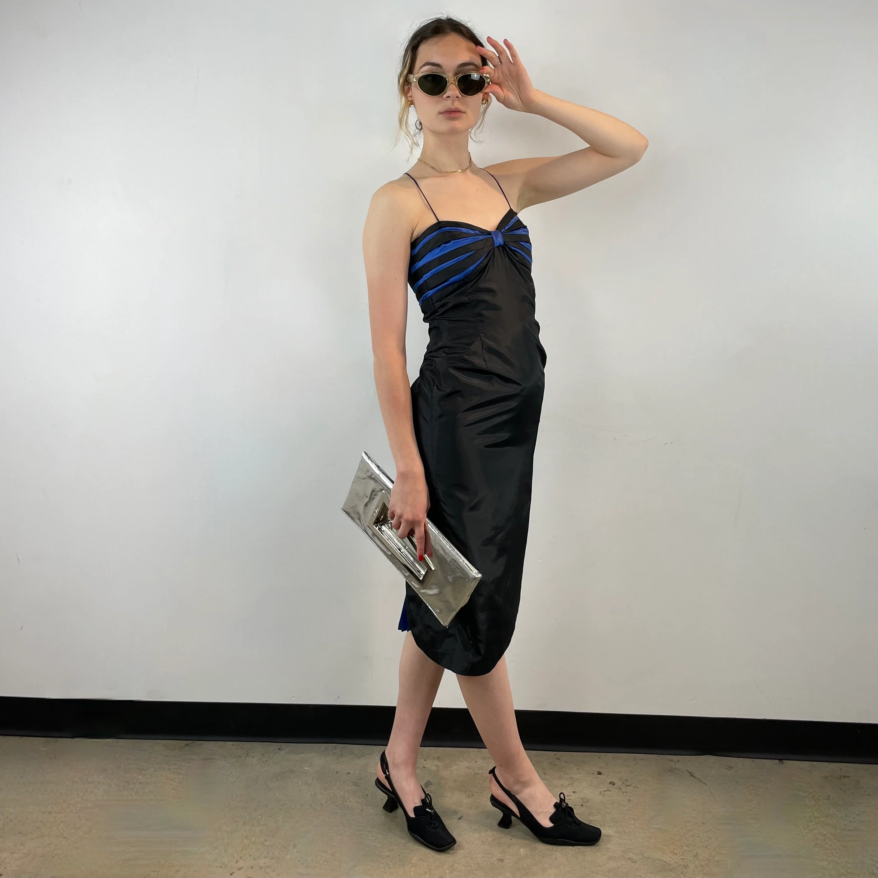1990s/2000s Black Satin Sleeveless Pencil Midi Dress Extra Small