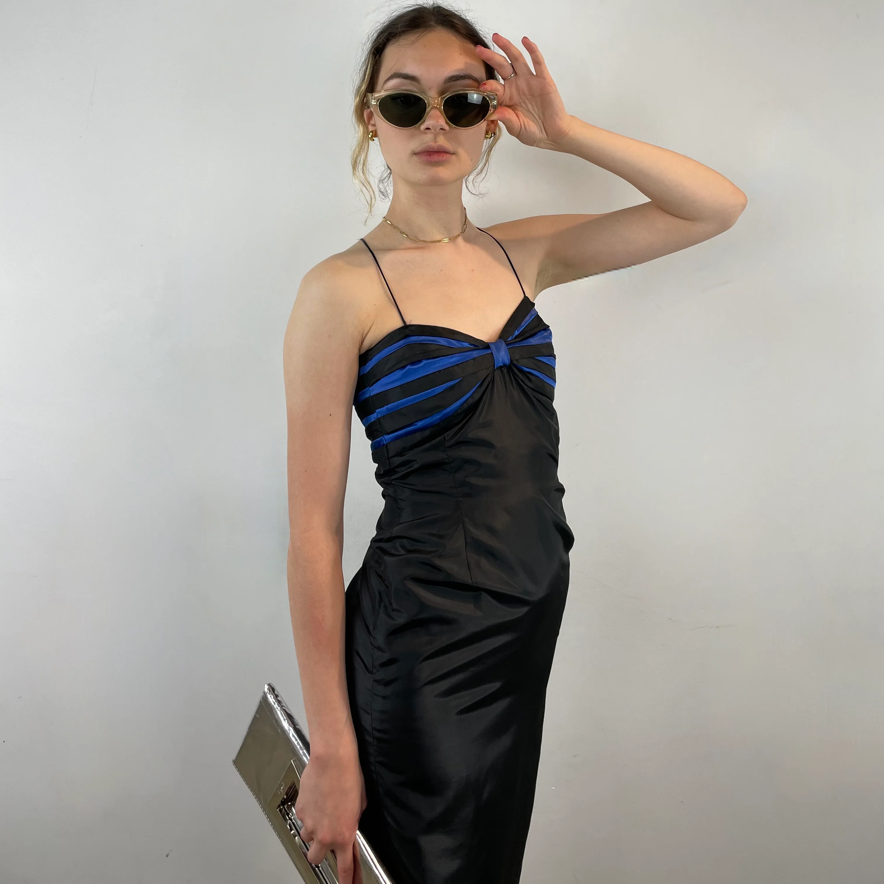 1990s/2000s Black Satin Sleeveless Pencil Midi Dress Extra Small - Image 2