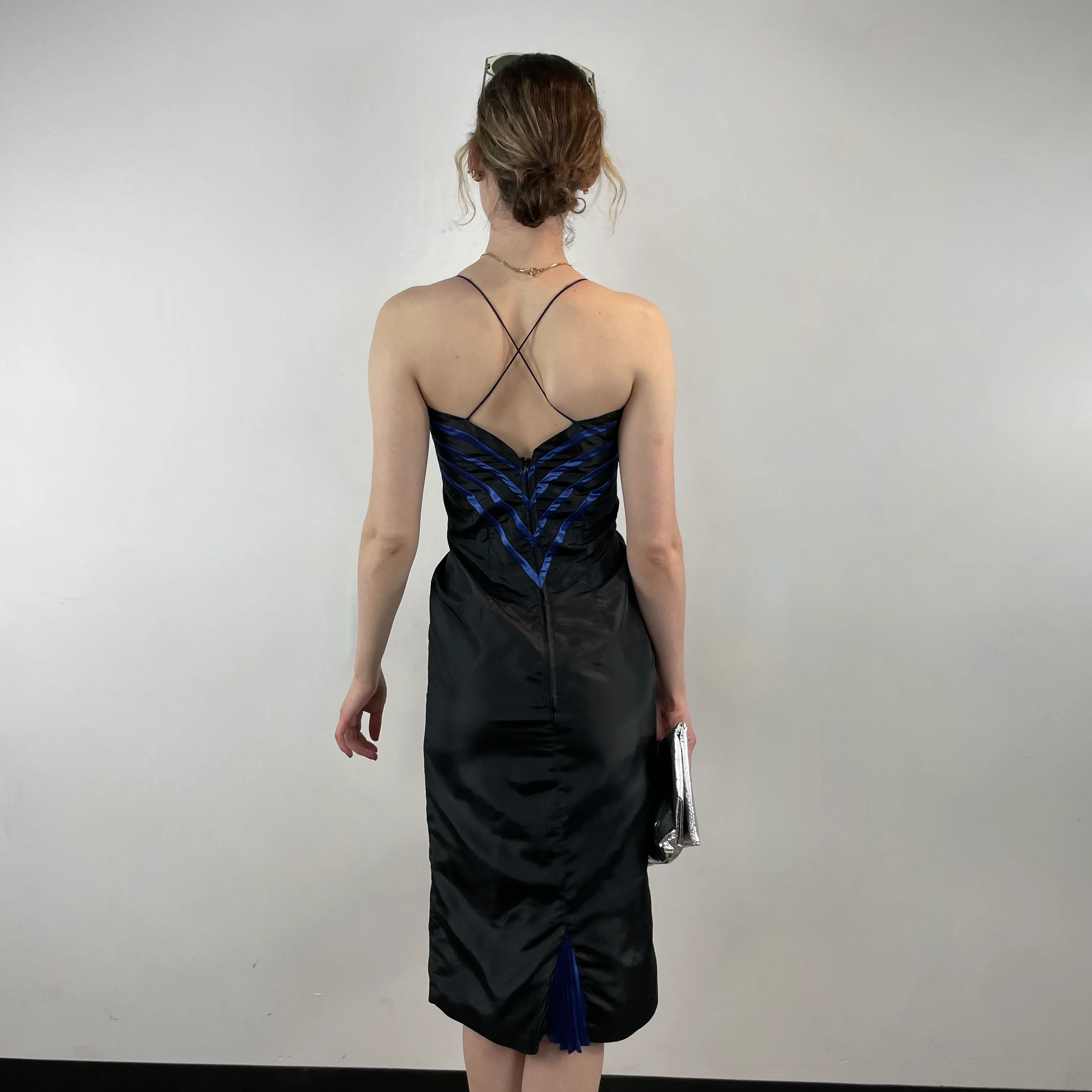 1990s/2000s Black Satin Sleeveless Pencil Midi Dress Extra Small - Image 3