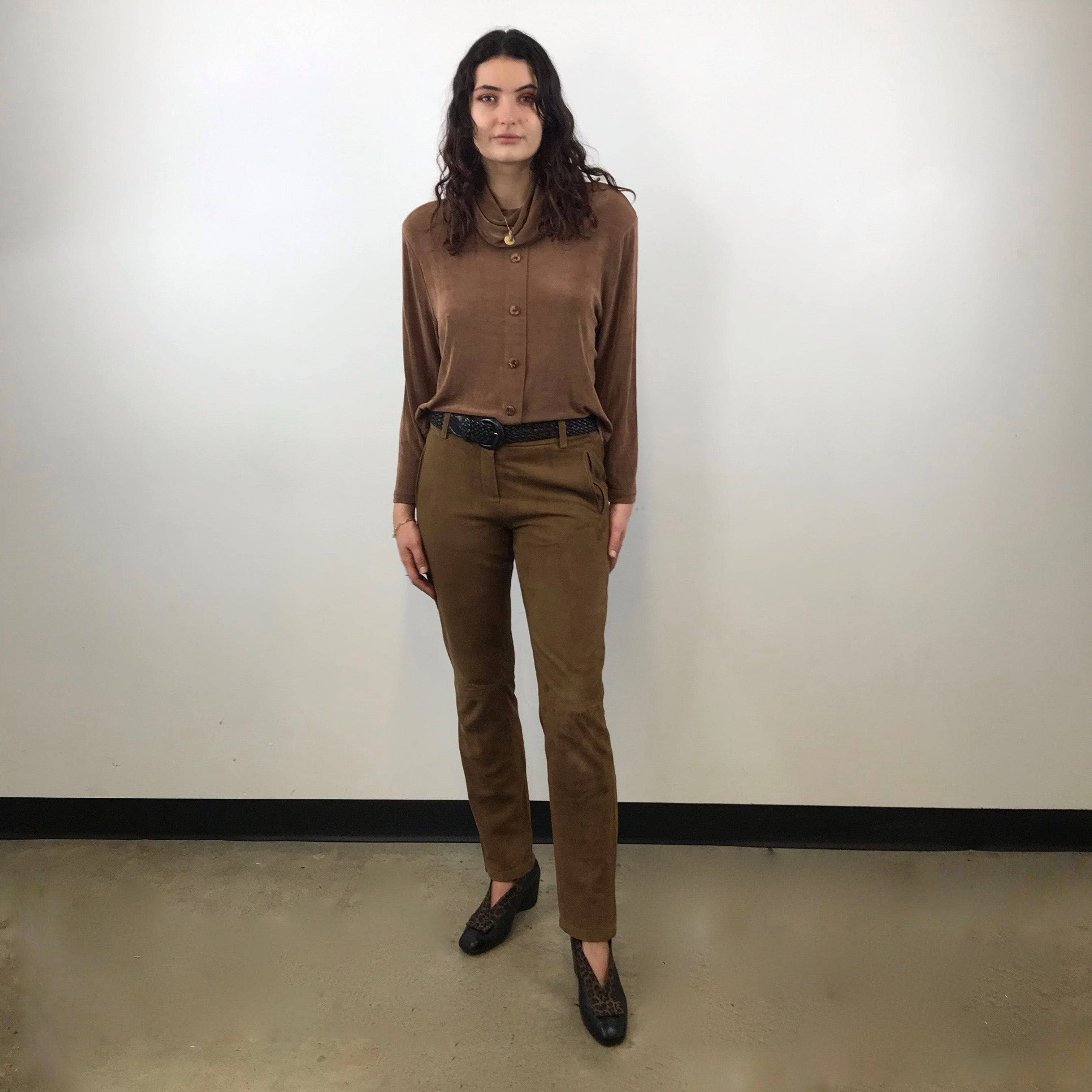 1990s-2000s Medium Rise Tan Soft Suede Pants M - Image 5