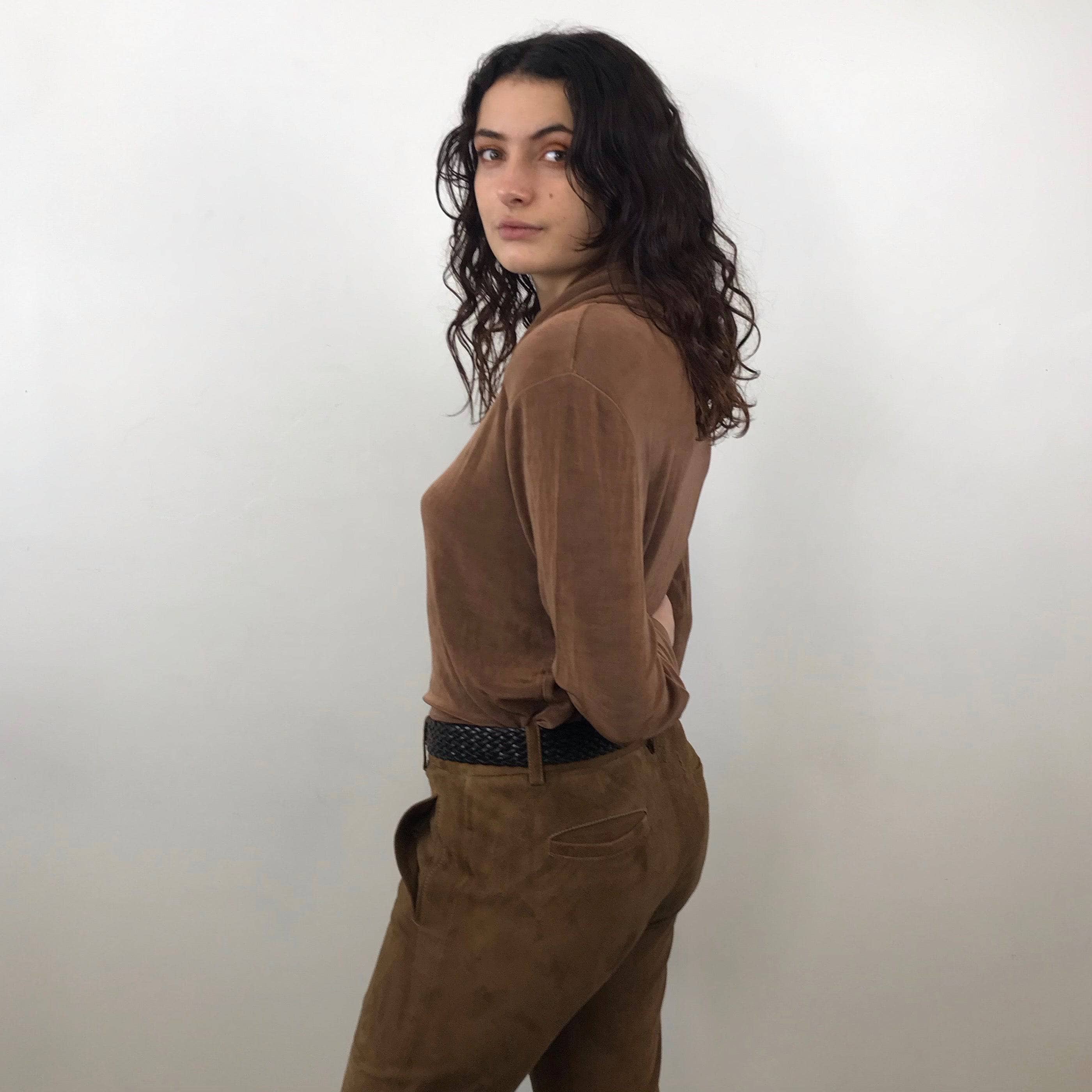 1990s-2000s Medium Rise Tan Soft Suede Pants M - Image 6