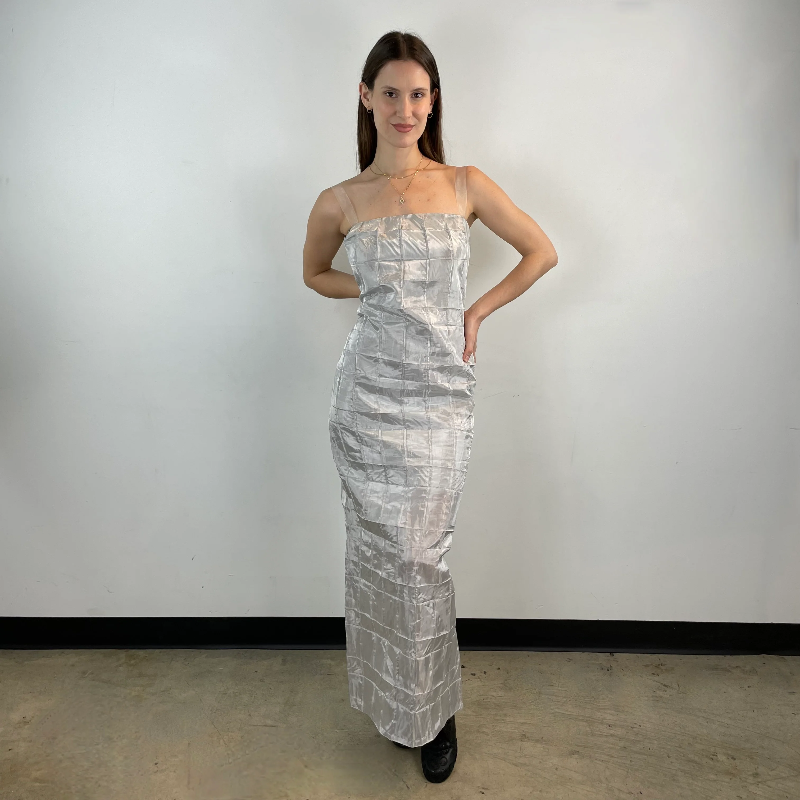 1990s-2000s Silver Sleeveless Maxi Sheath Dress Small