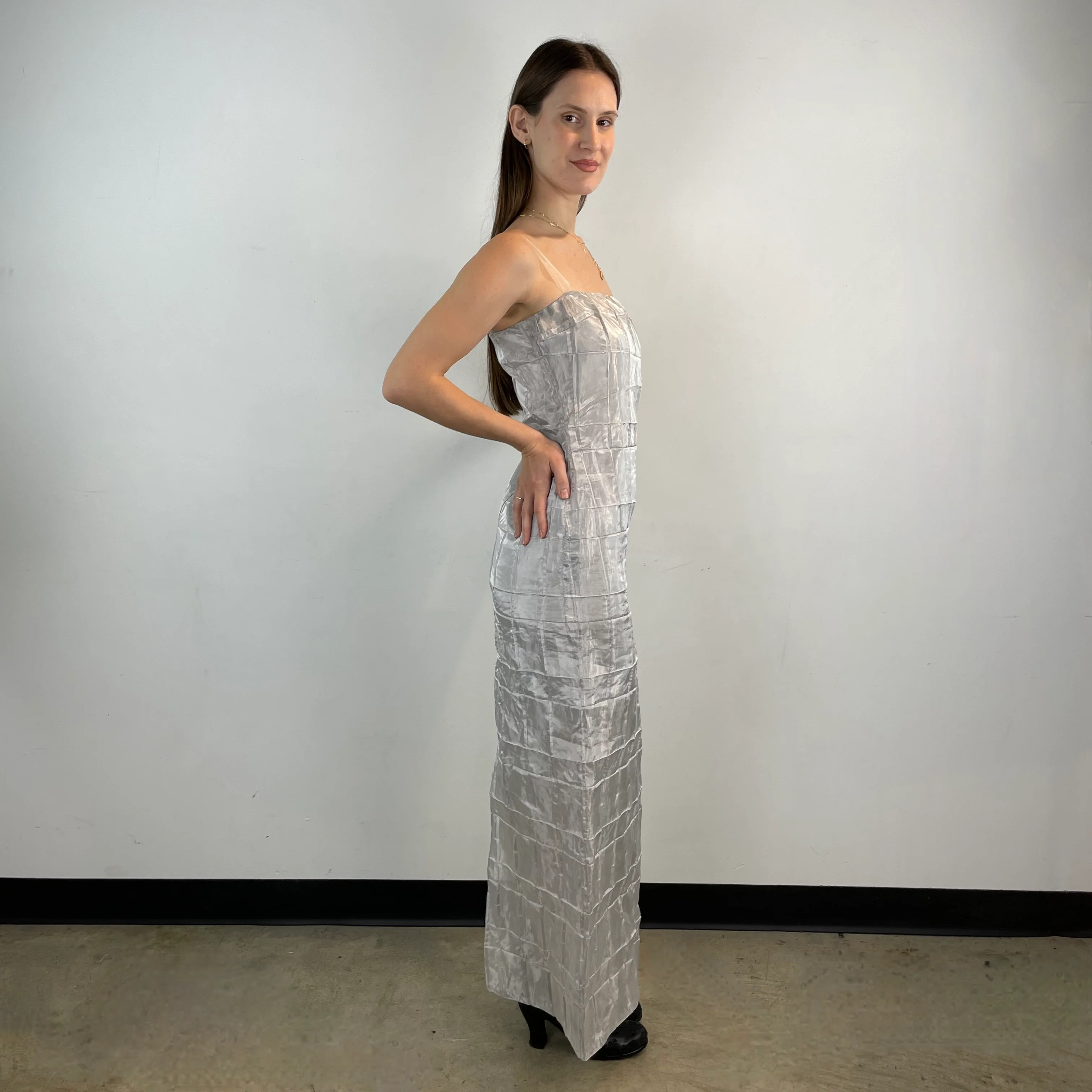 1990s-2000s Silver Sleeveless Maxi Sheath Dress Small - Image 4