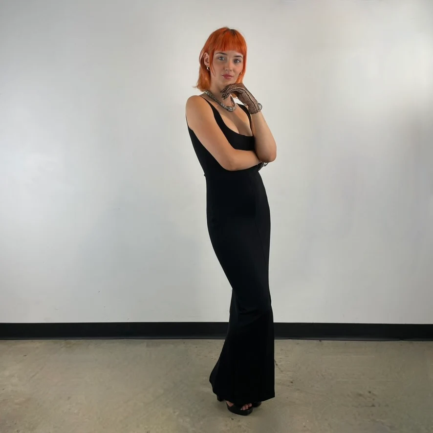 1990s Black Low Cut Maxi Jersey Dress Petite/Medium - Image 3