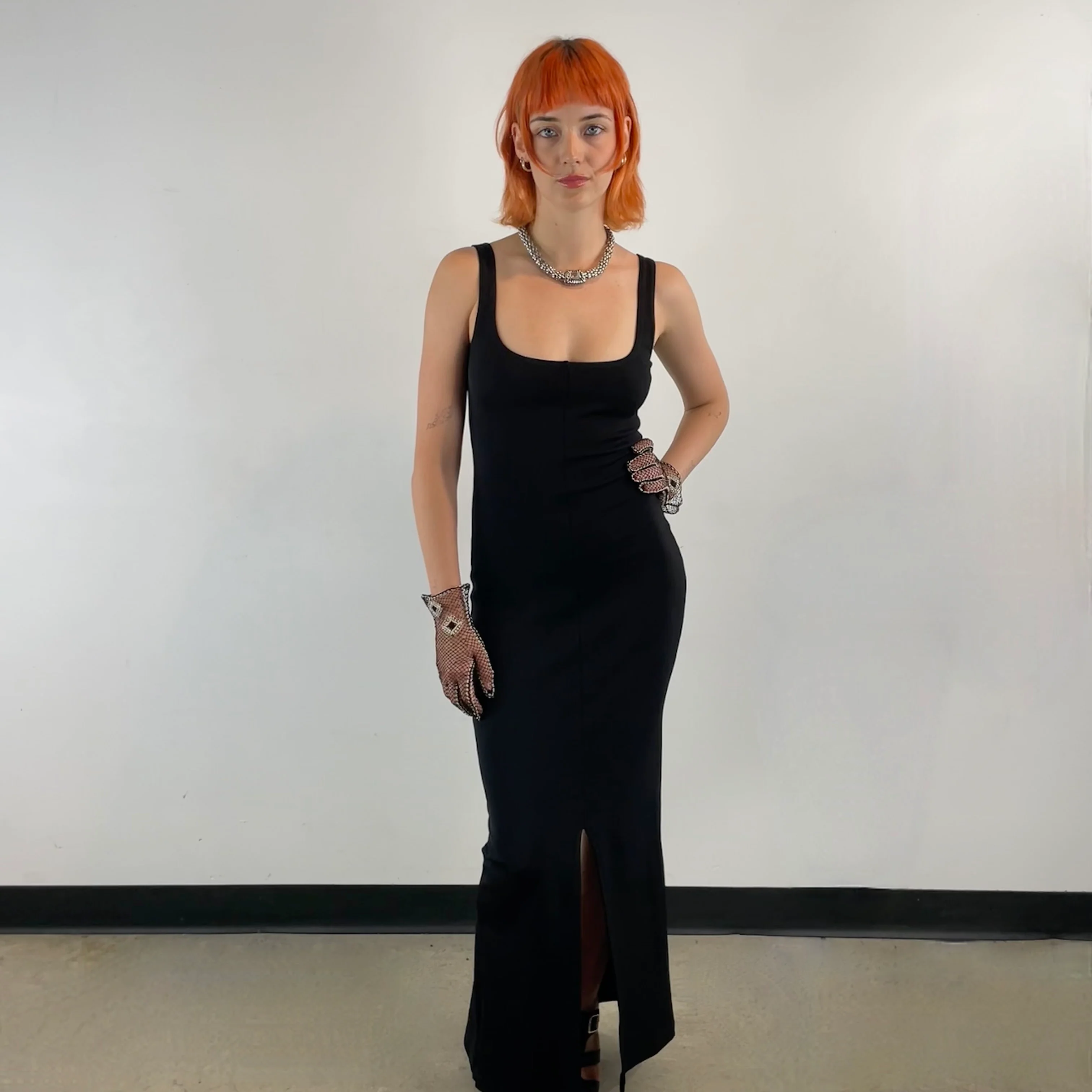 1990s Black Low Cut Maxi Jersey Dress Petite/Medium - Image 5