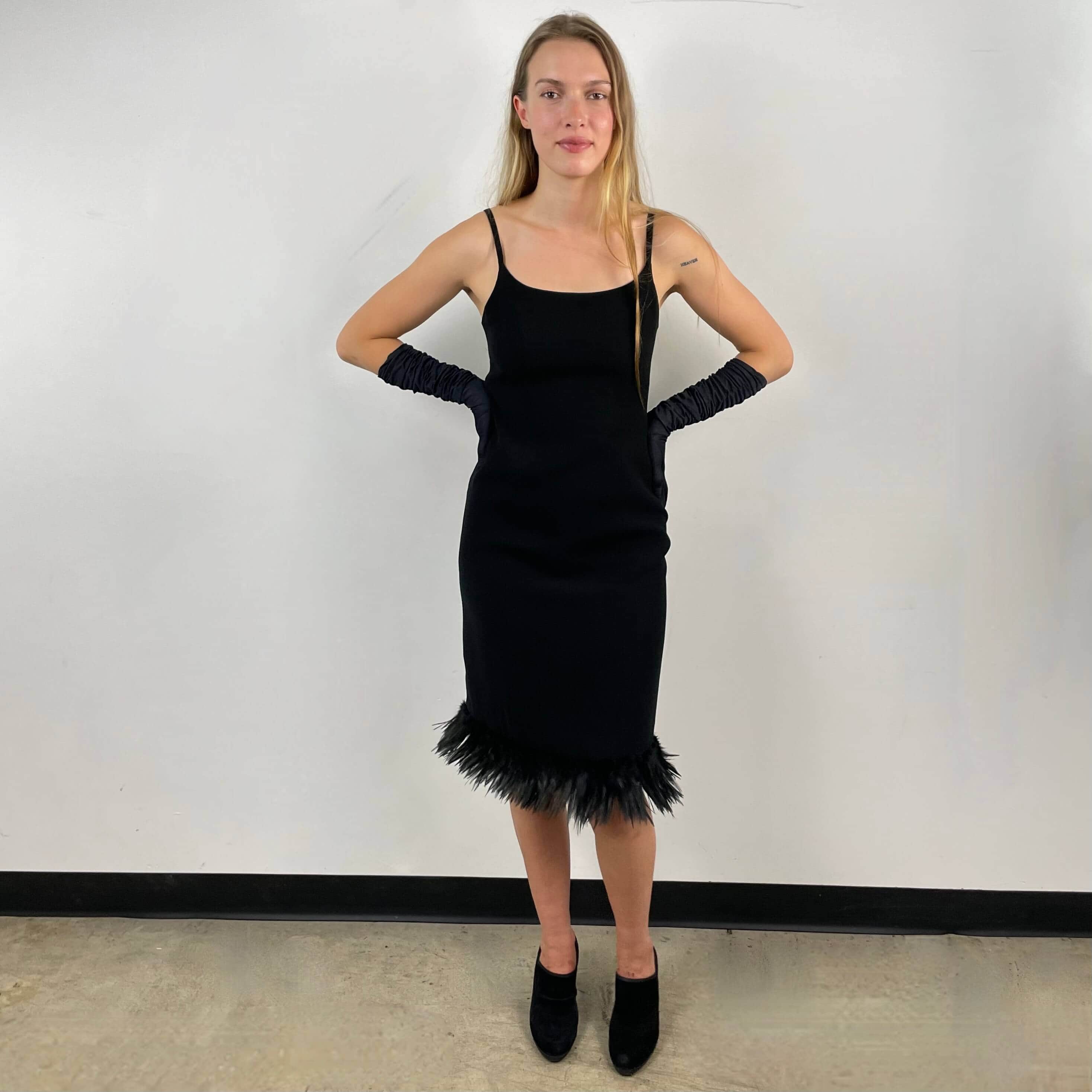 1990s Black Slip Dress with Feathers Small/Medium