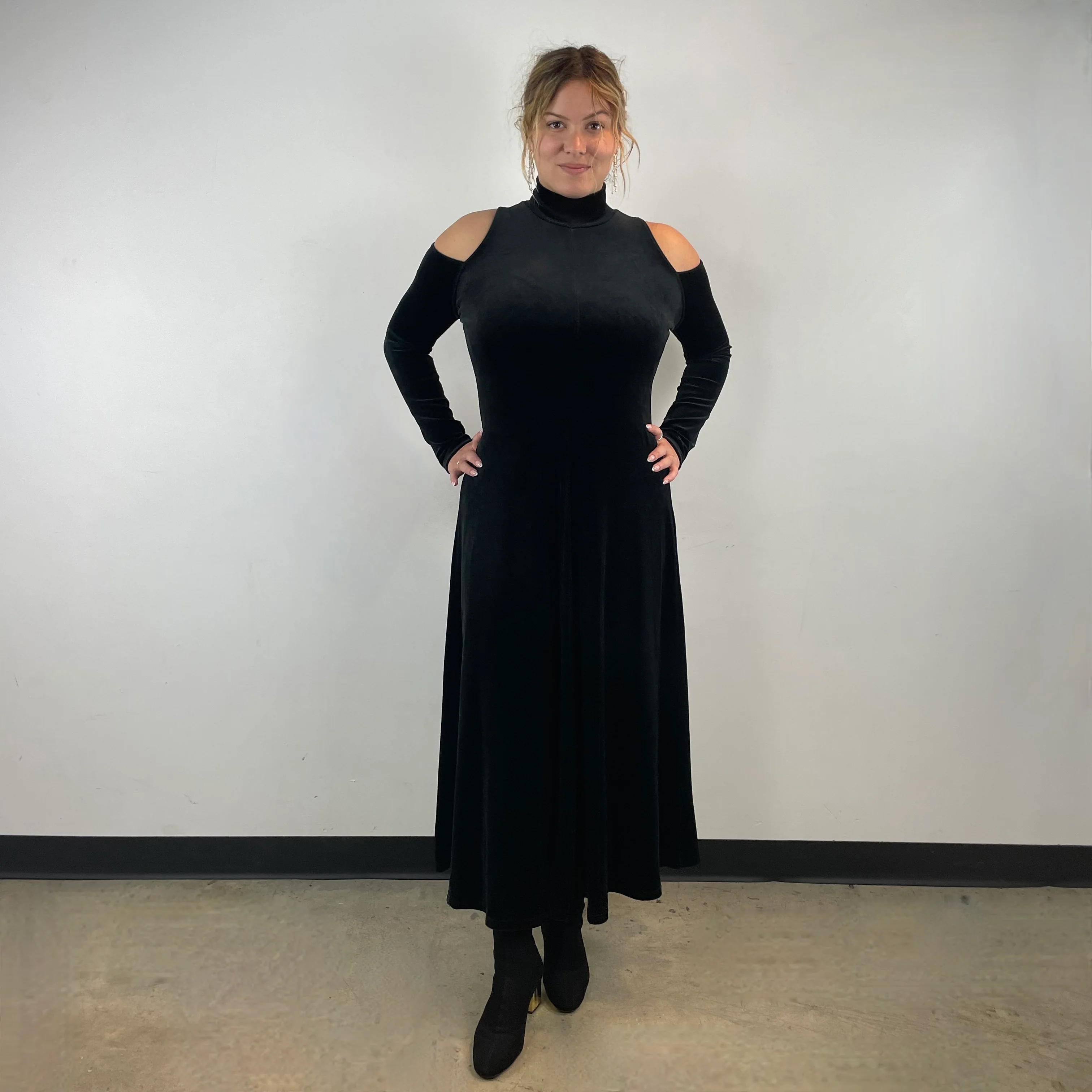 1990s Black Velvet Cutout Sleeve Maxi Dress Large - Image 3