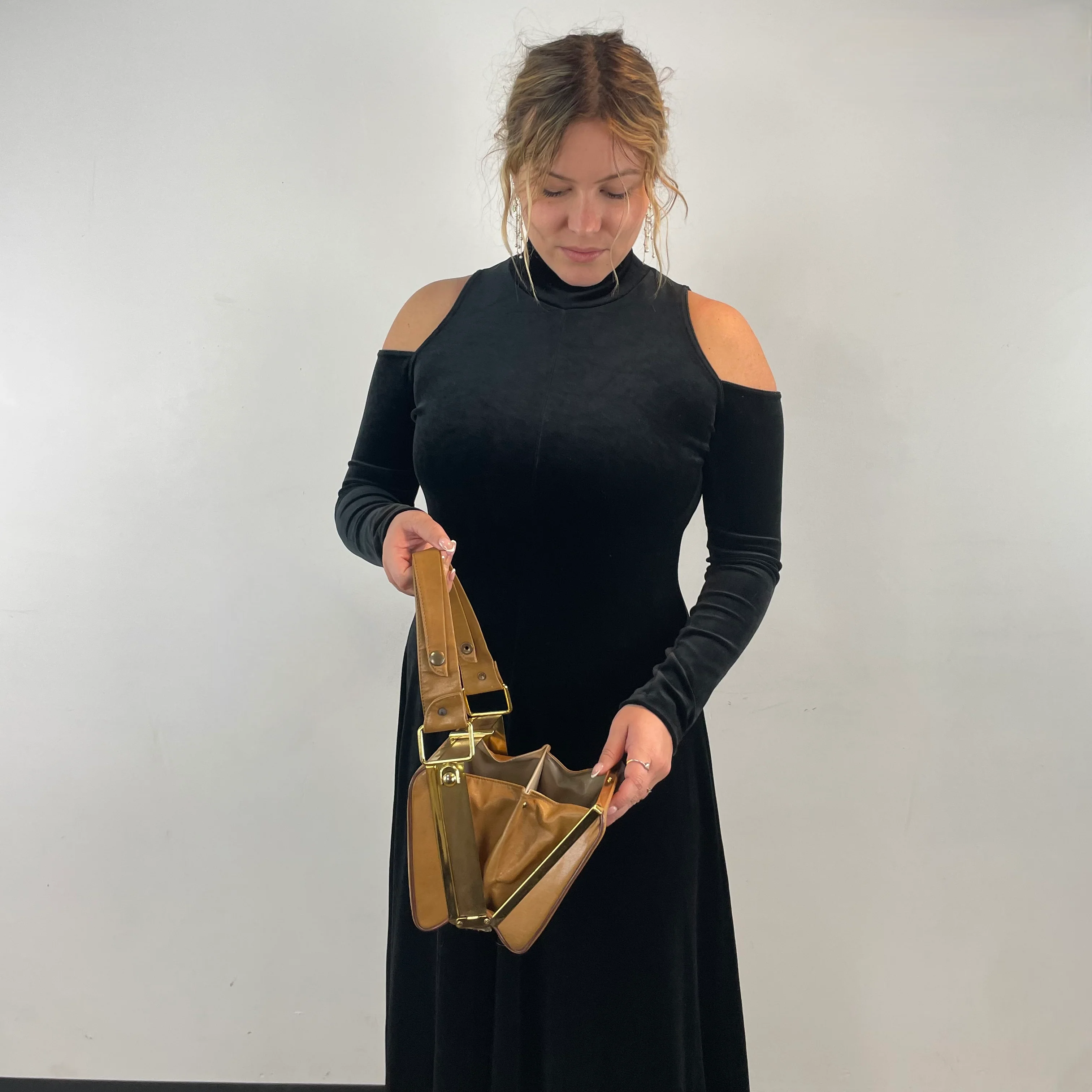 1990s Black Velvet Cutout Sleeve Maxi Dress Large - Image 6