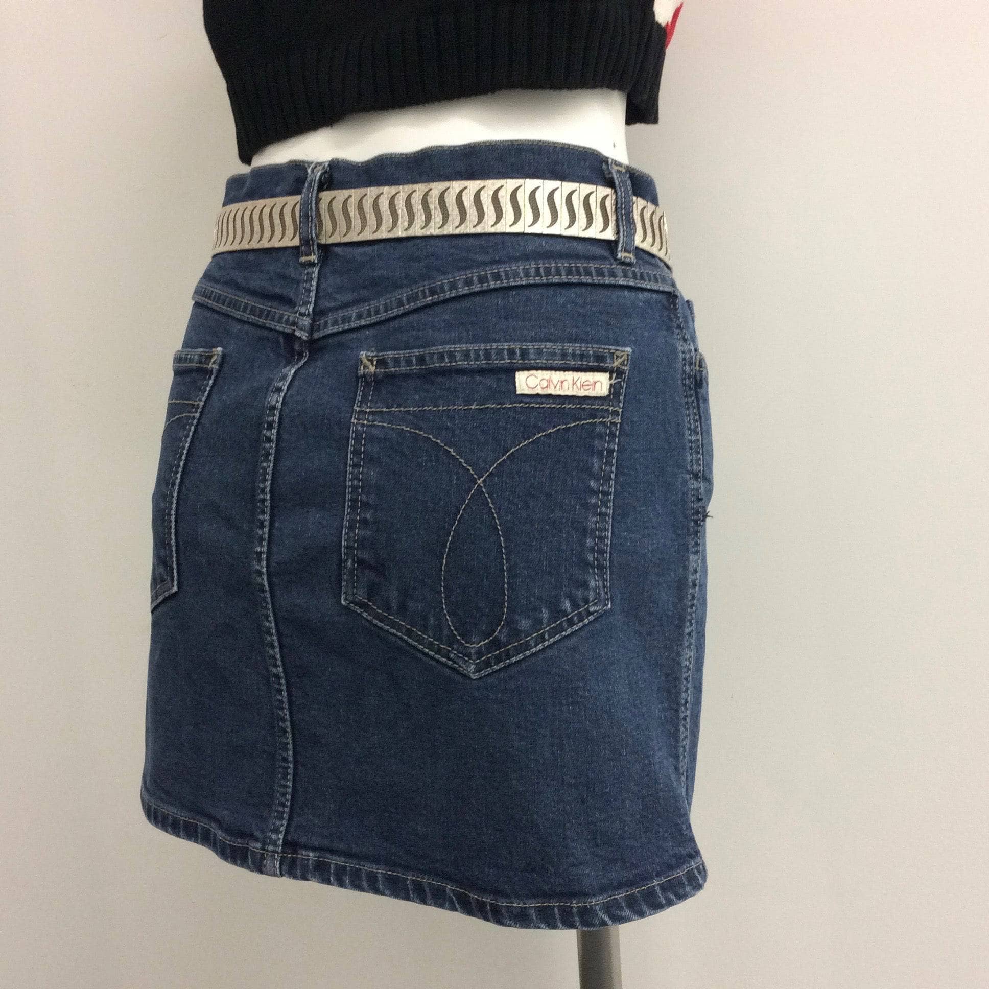 1990s Calvin Klein Medium Rise Denim Mini Skirt Small - Image 2