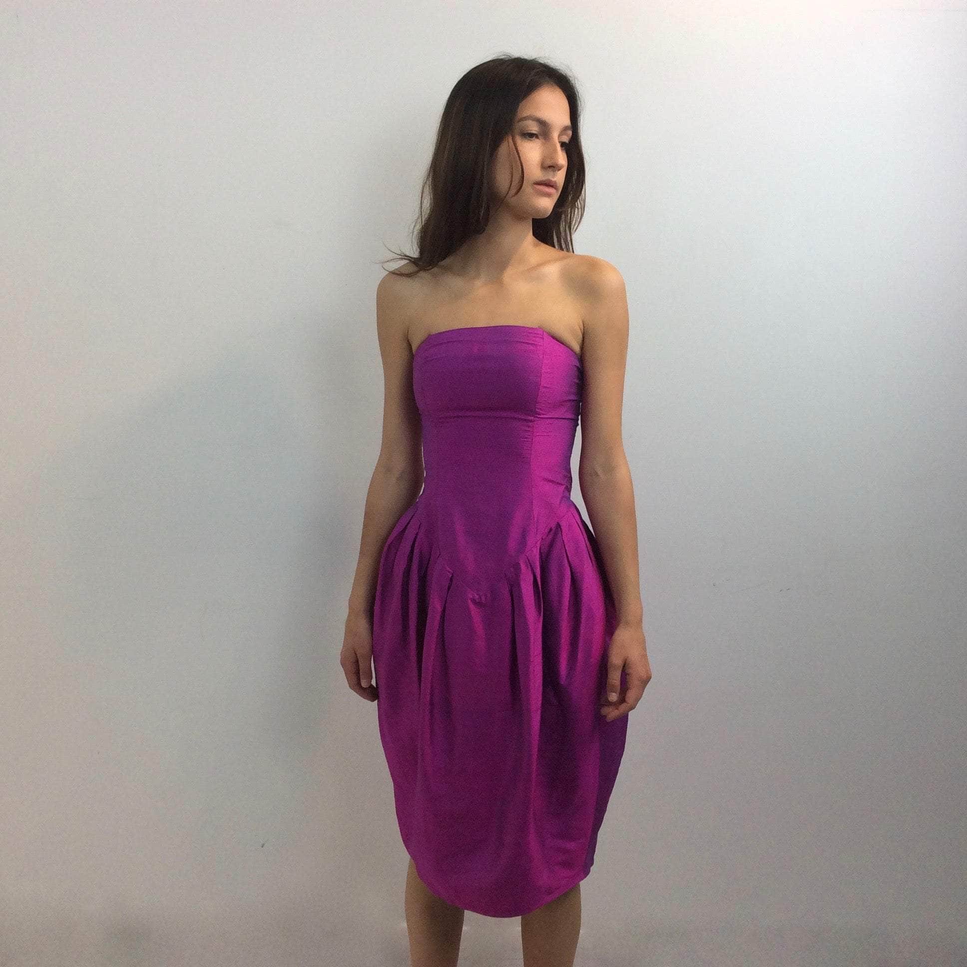 1990s Charlotte Halton Fuchsia Silk Bustier Dress X-Small - Image 3