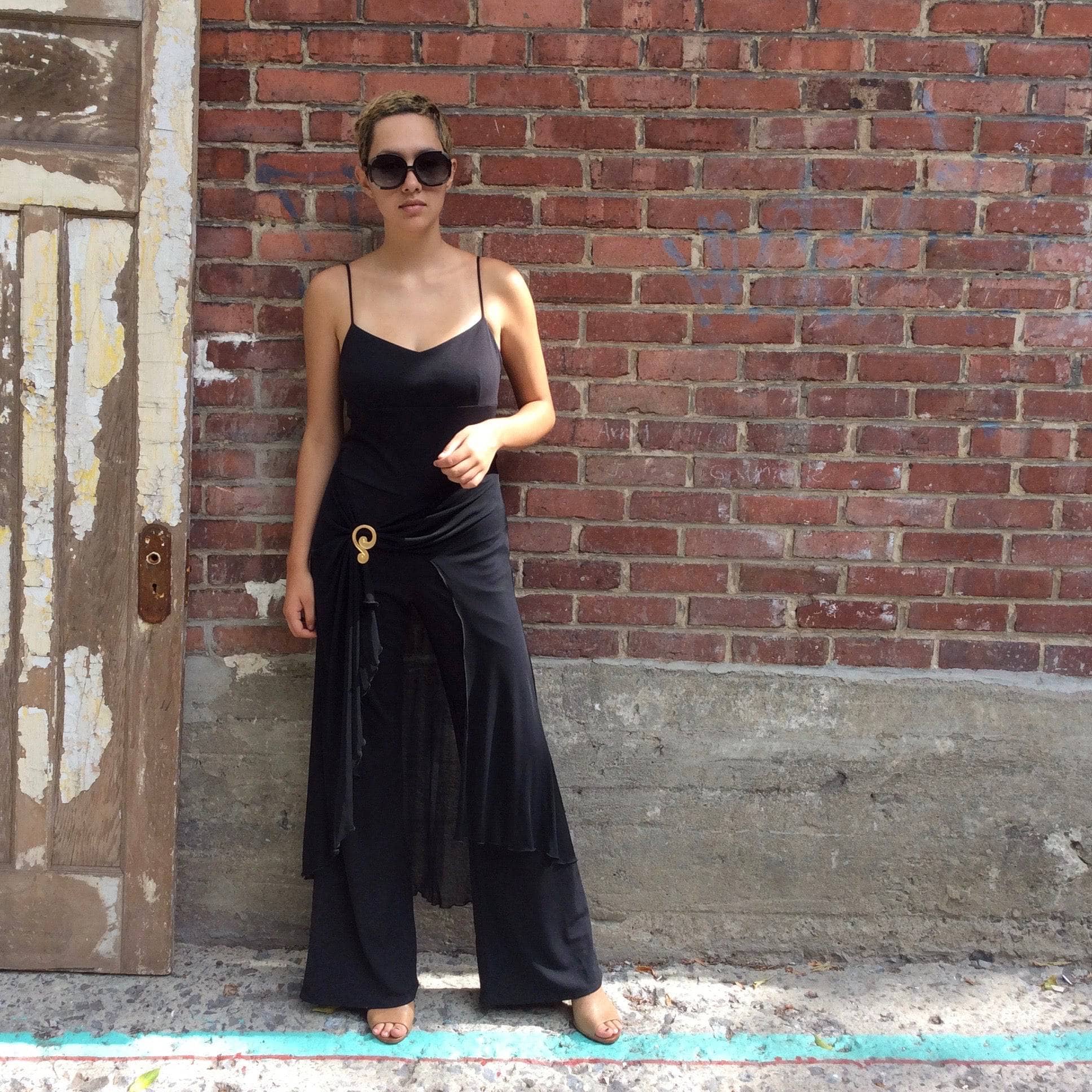 1990s Dressy Wide Leg Black Jumpsuit Medium - Image 6