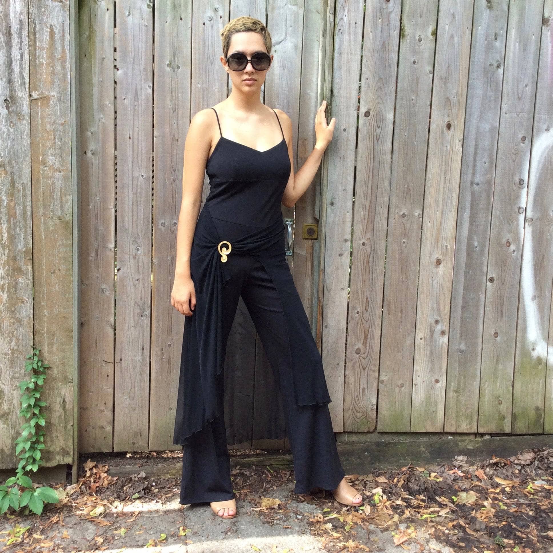 1990s Dressy Wide Leg Black Jumpsuit Medium - Image 8