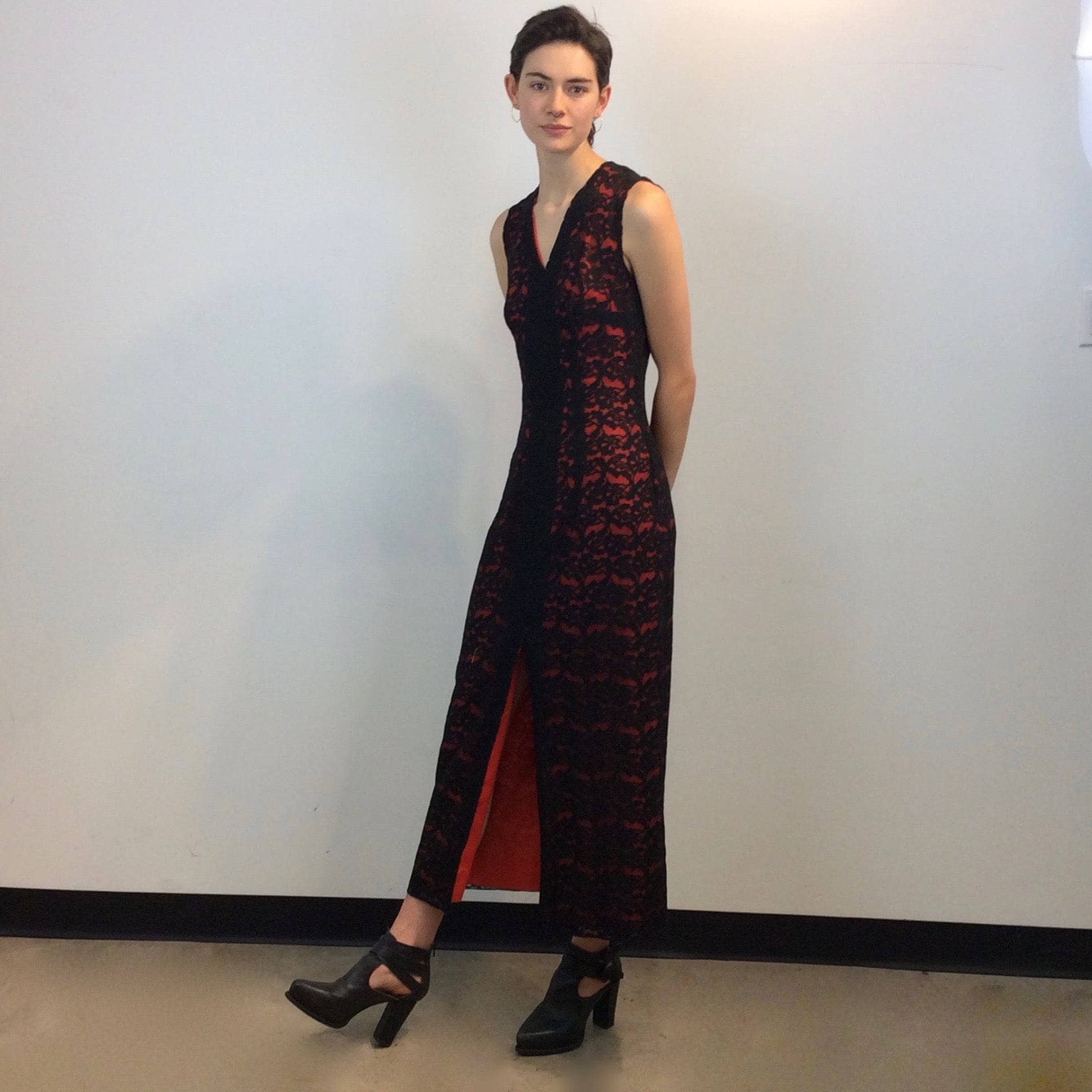 1990s Front Slit Maxi Sheath Lace Dress Small - Image 3