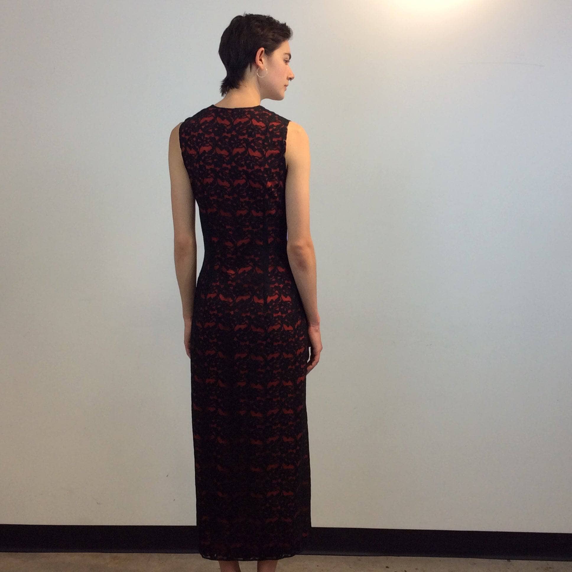 1990s Front Slit Maxi Sheath Lace Dress Small - Image 4