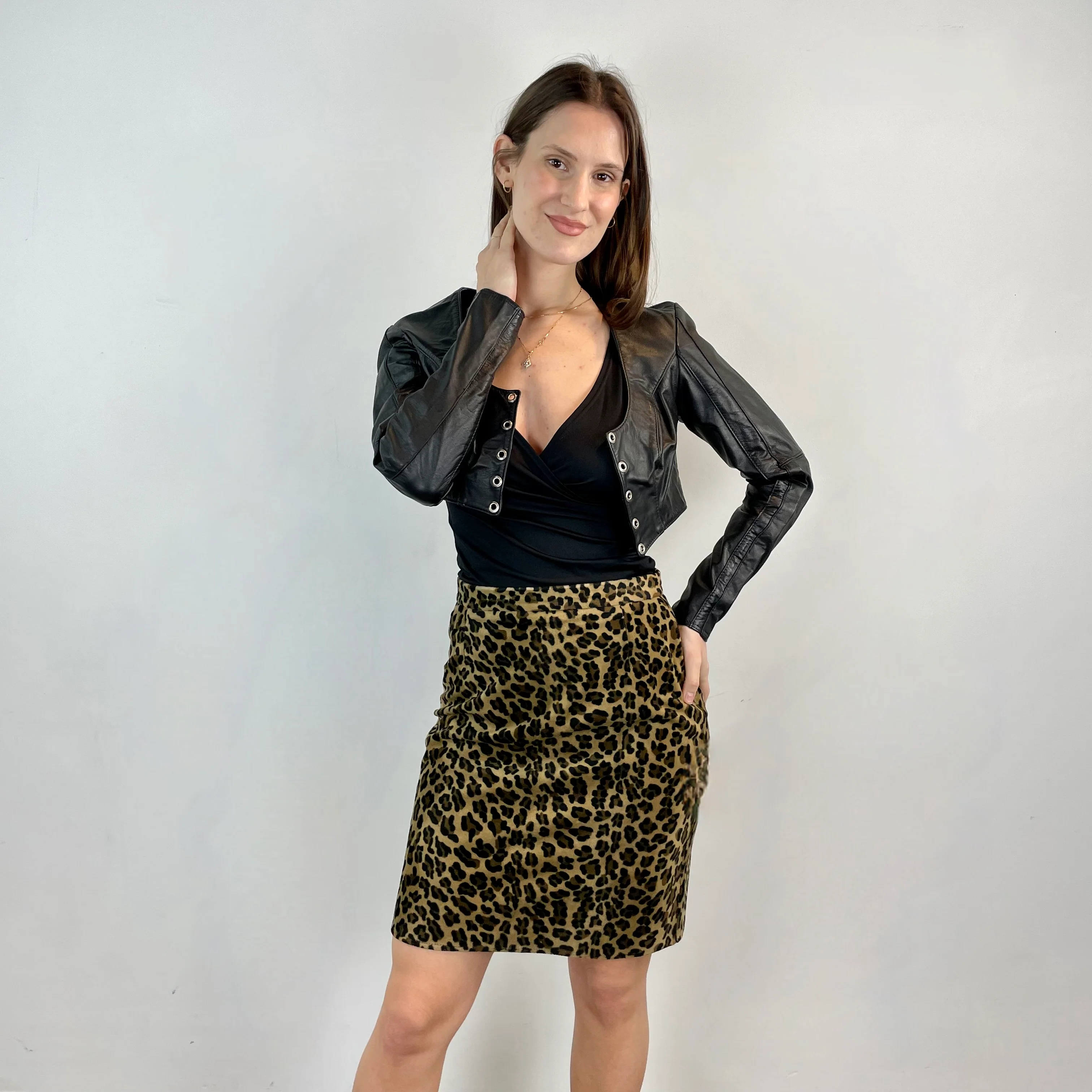 1990's Knee-Length Leopard Print Velvet Skirt Small/ Medium - Image 5
