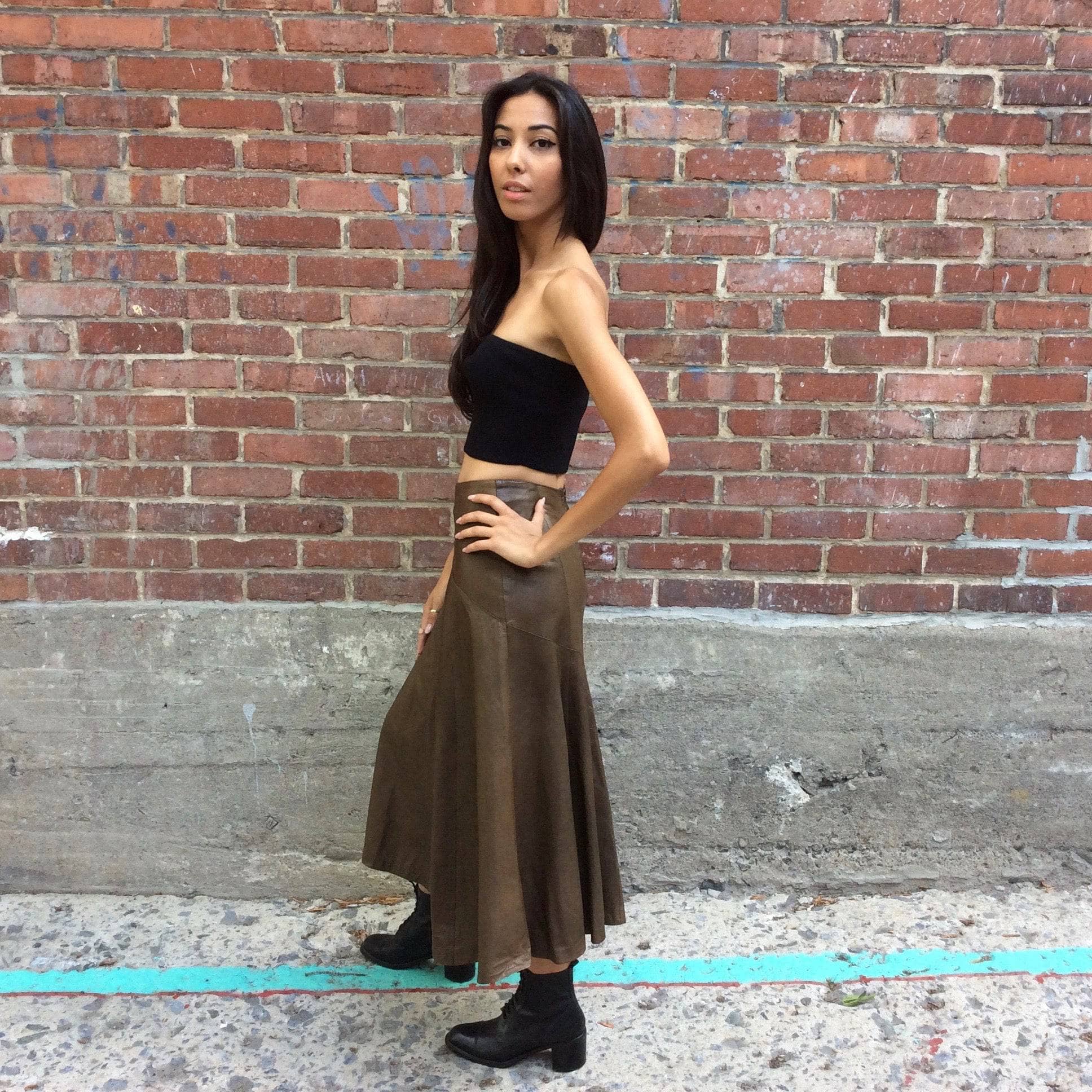 1990s Lily Simon Midi Flared Leather Skirt Small - Image 3