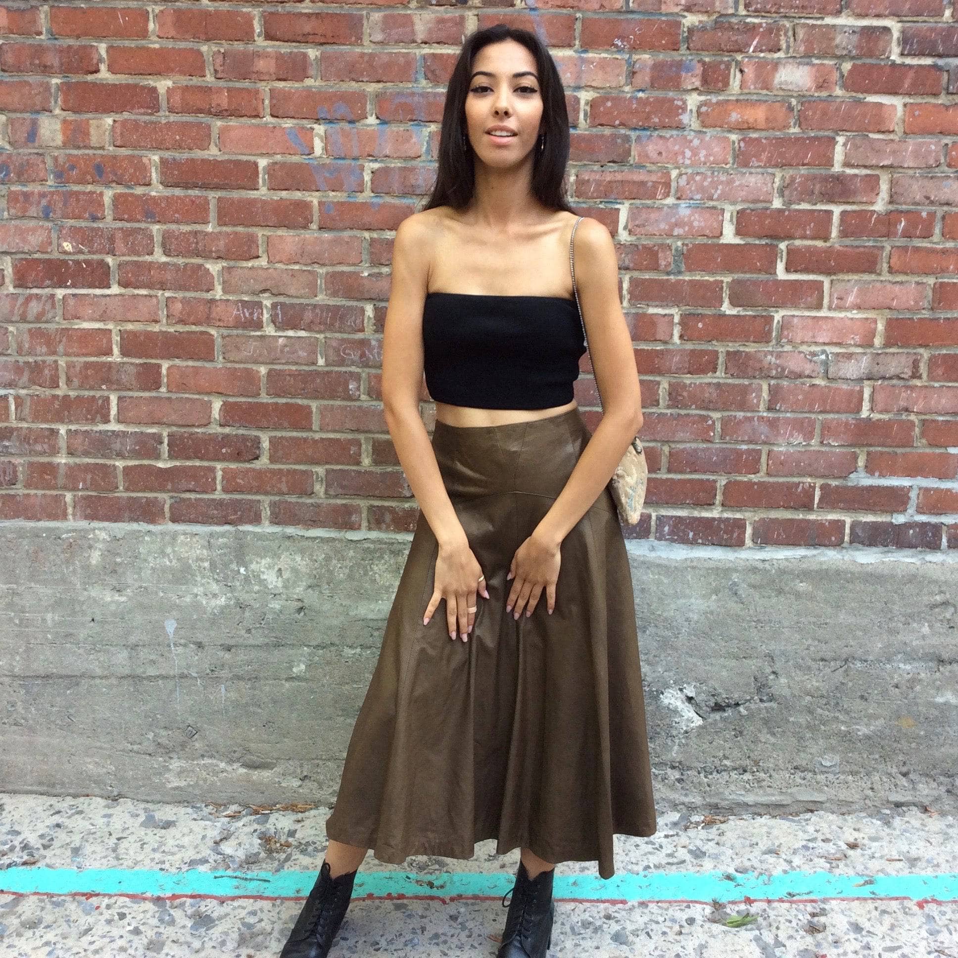 1990s Lily Simon Midi Flared Leather Skirt Small - Image 5