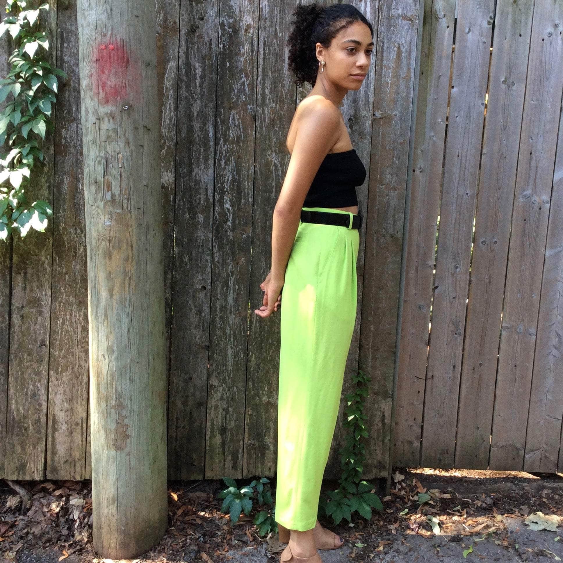 1990s Mondi Lime Green Pleated Lightweight Wool Pants Small - Image 5