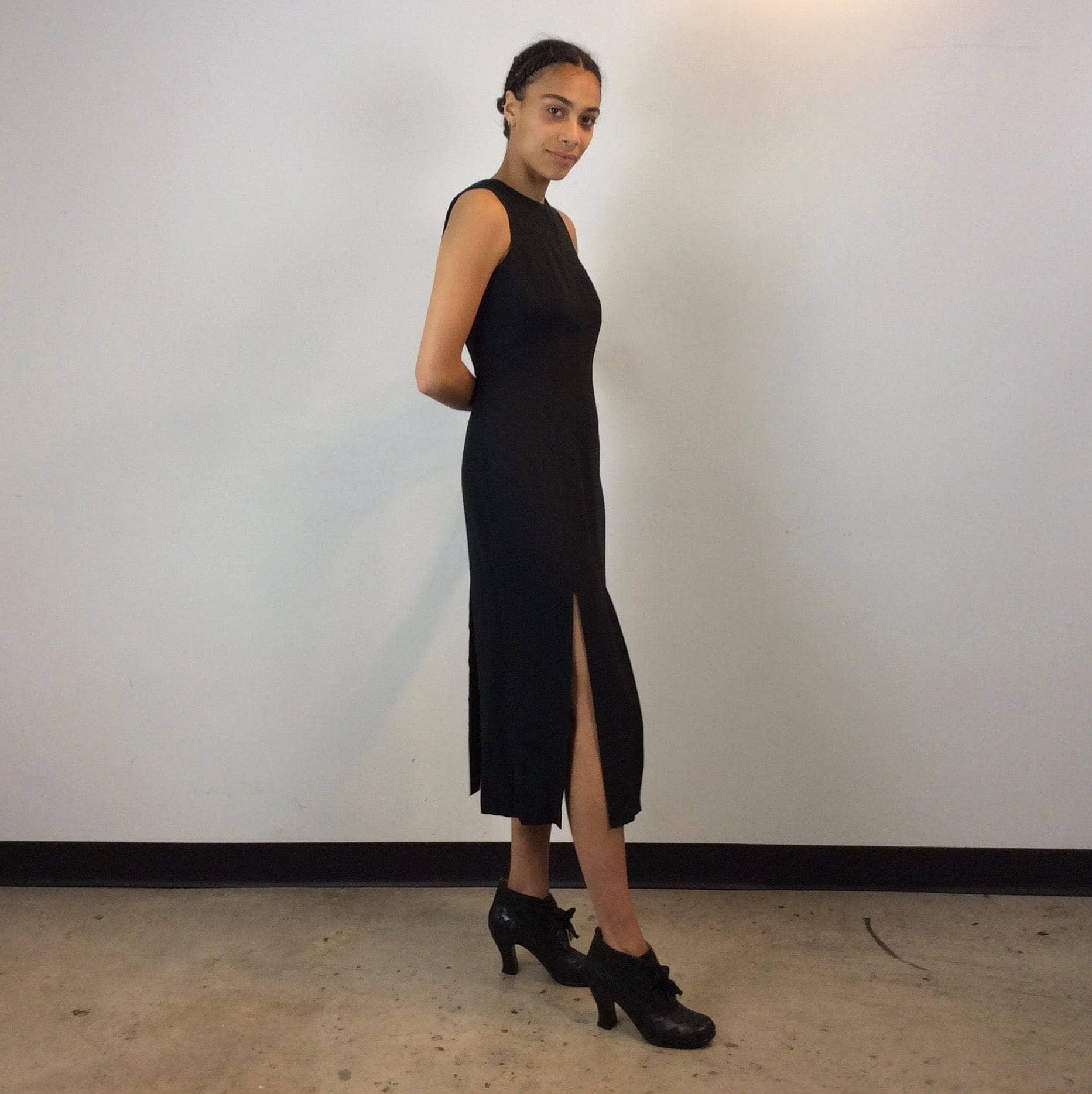 1990s Multiple Slits Open Back Black Midi Dress S - Image 3