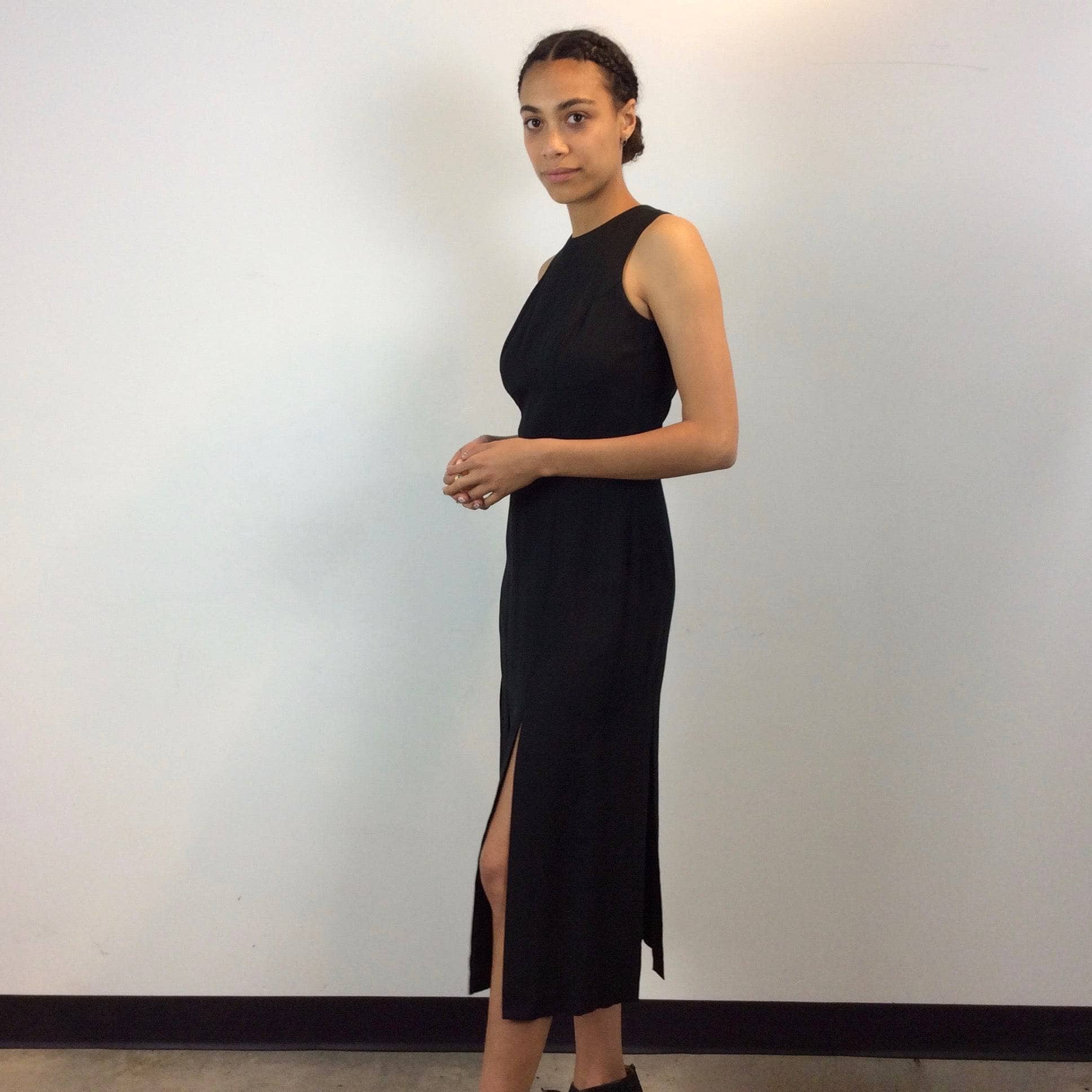 1990s Multiple Slits Open Back Black Midi Dress S - Image 5