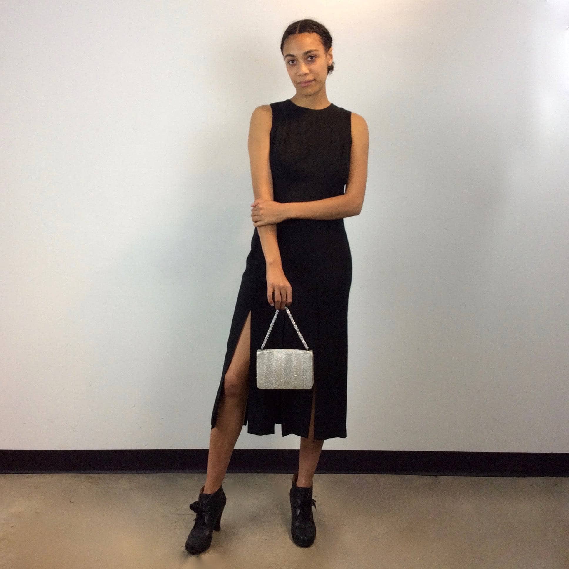 1990s Multiple Slits Open Back Black Midi Dress S - Image 7