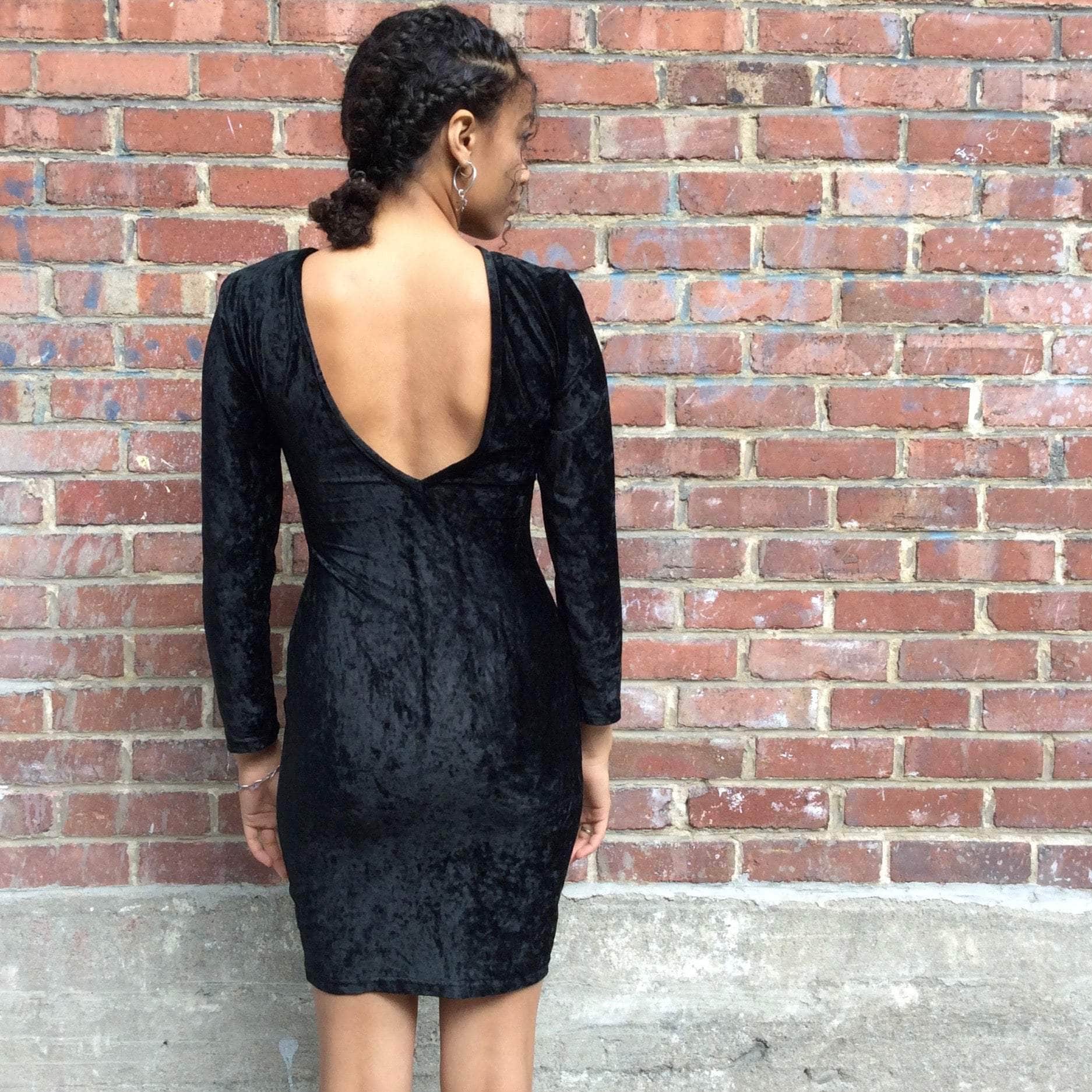 1990s Open Back Black Velvet Bodycon Mini Dress Small - Image 2