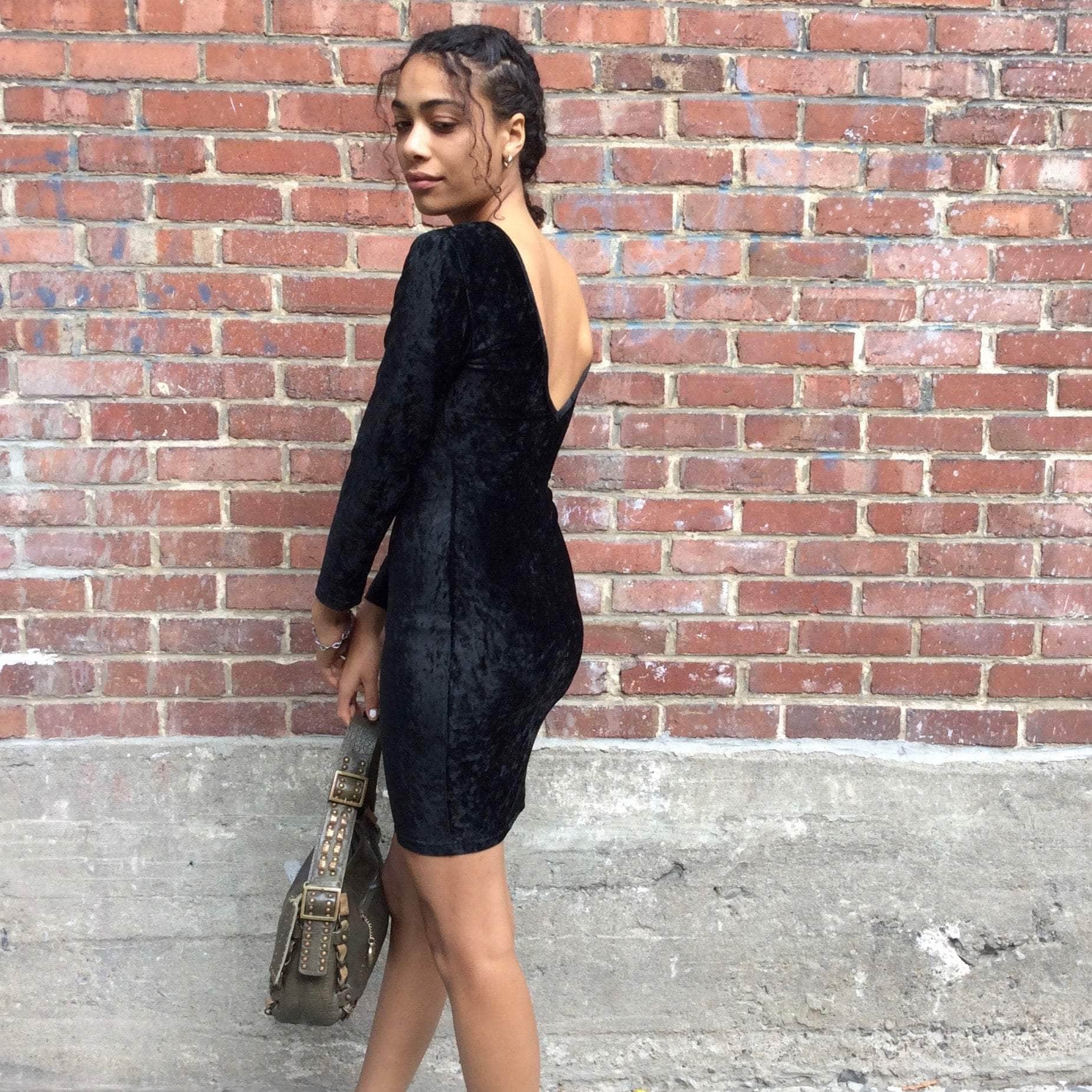 1990s Open Back Black Velvet Bodycon Mini Dress Small - Image 4