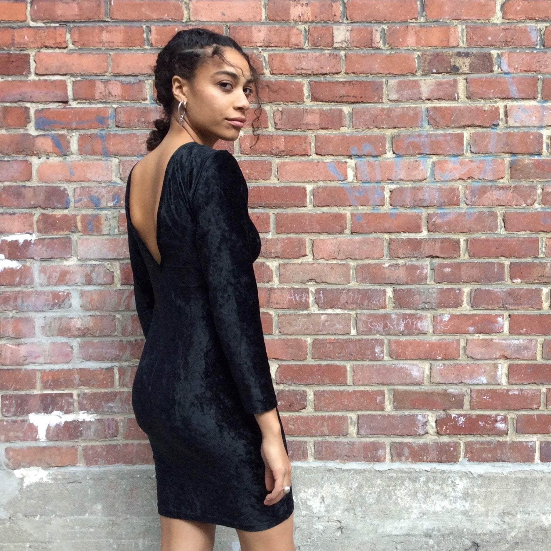 1990s Open Back Black Velvet Bodycon Mini Dress Small - Image 5