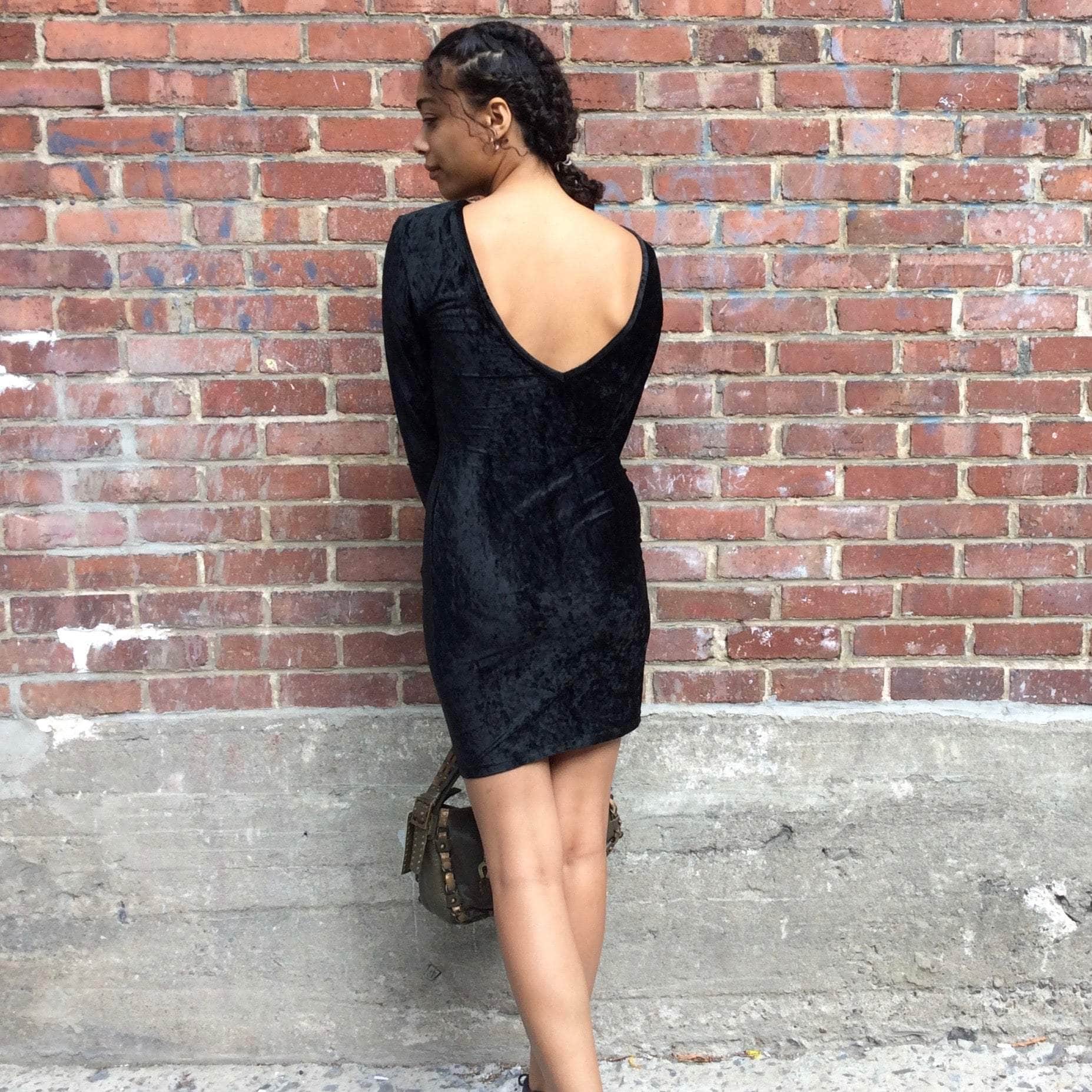 1990s Open Back Black Velvet Bodycon Mini Dress Small - Image 6