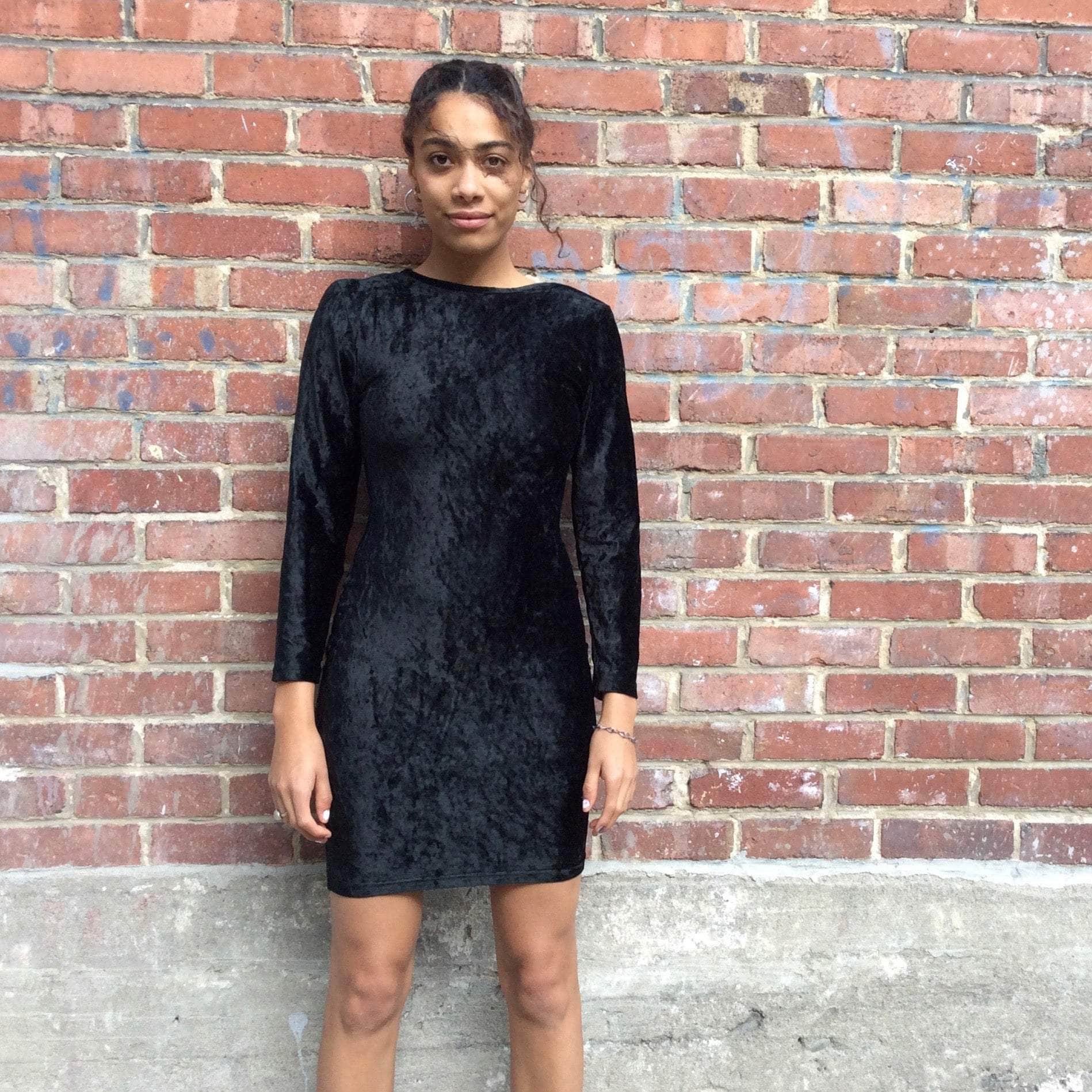 1990s Open Back Black Velvet Bodycon Mini Dress Small - Image 7