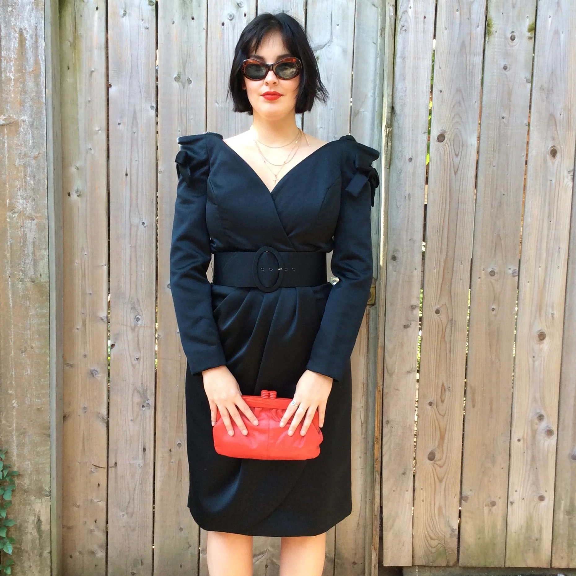 1990s Victor Costa Off-Shoulder Long Sleeve Black Dress Medium