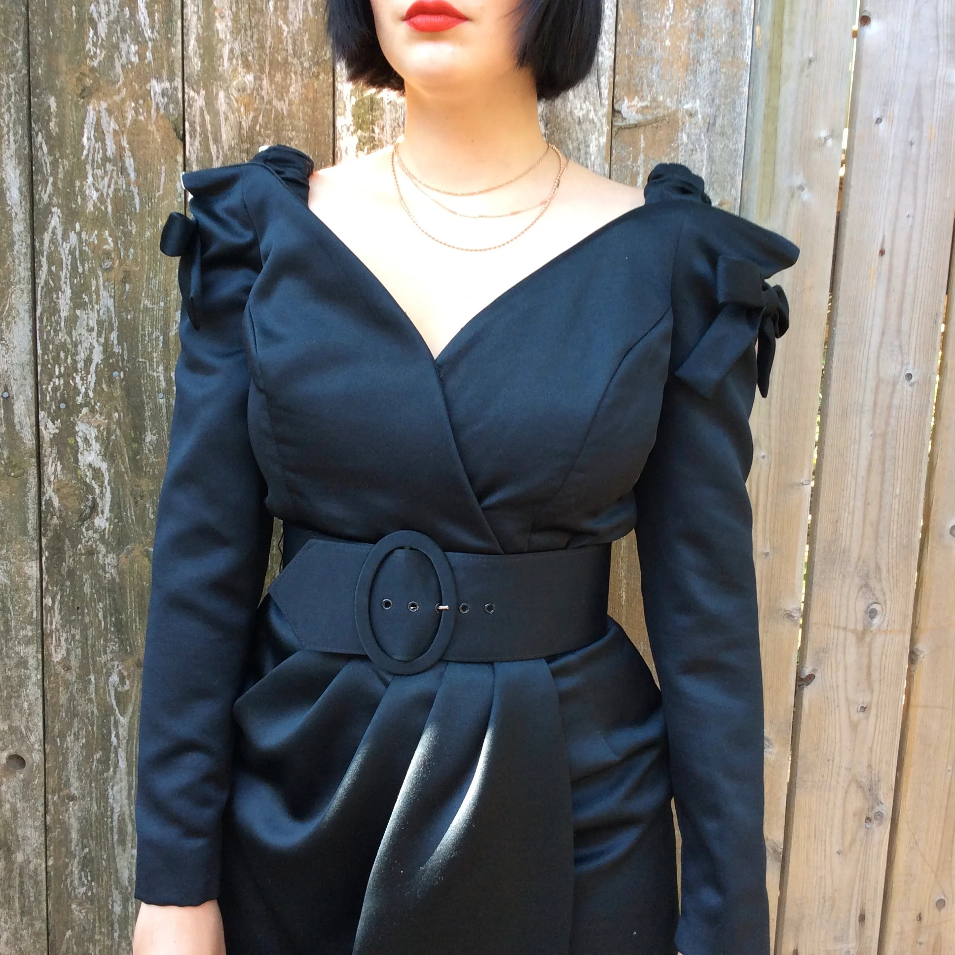 1990s Victor Costa Off-Shoulder Long Sleeve Black Dress Medium - Image 3