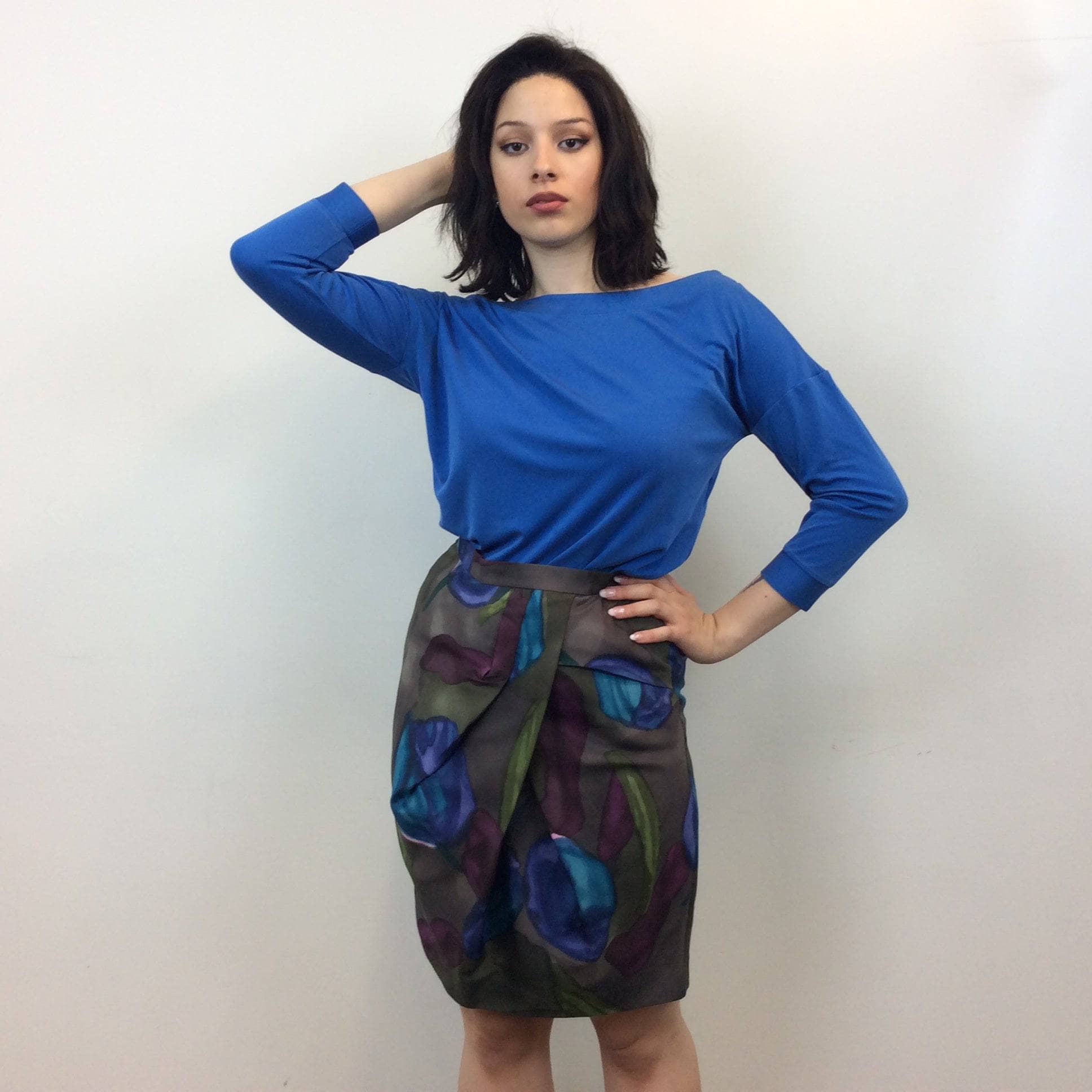 2000s KENZO Draped Floral Print Silk Skirt Medium - Image 6