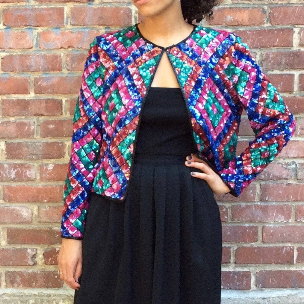 80s Multi-Coloured Sequin and Bead Short Jacket Medium - Image 5