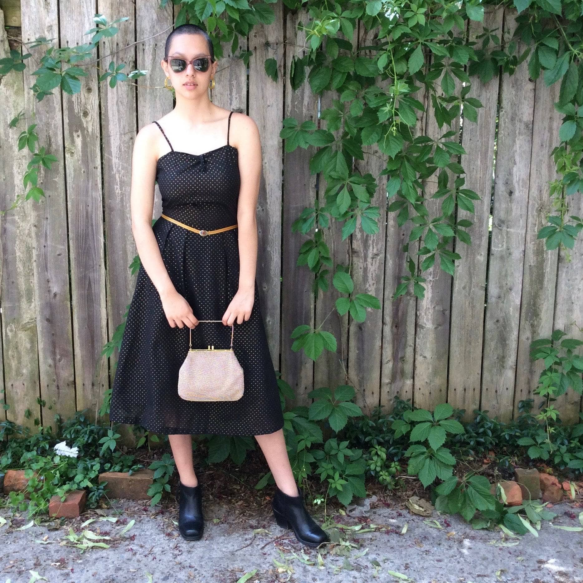 1990s Black and Gold-dotted Midi Dress S/M