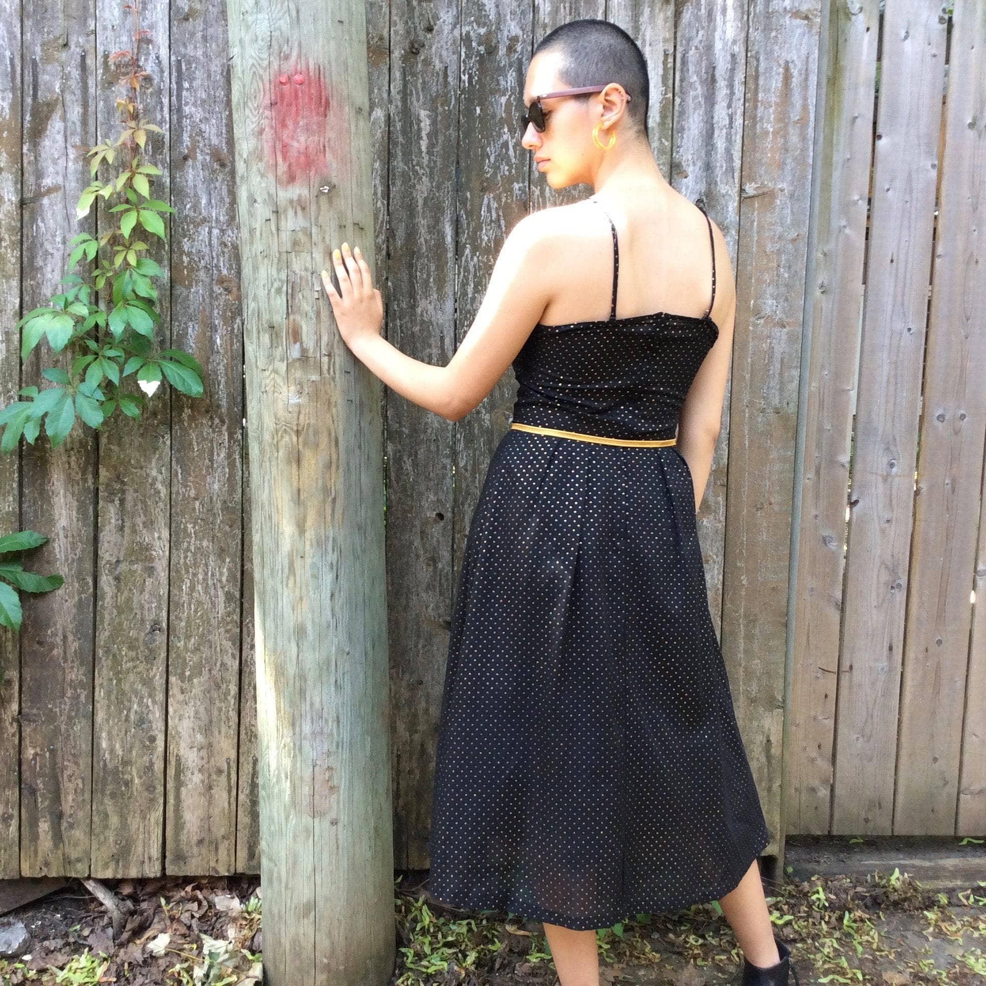 1990s Black and Gold-dotted Midi Dress S/M - Image 2
